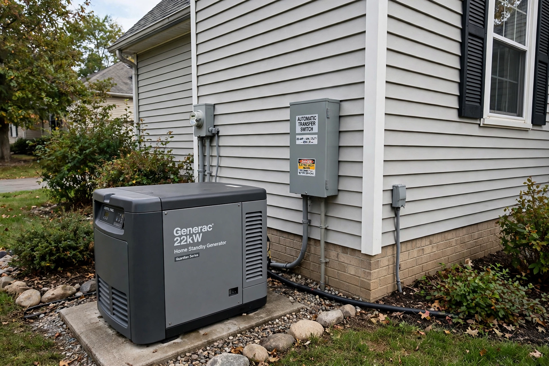 Realistic photo of a home standby generator installed beside a suburban house with an automatic transfer switch
