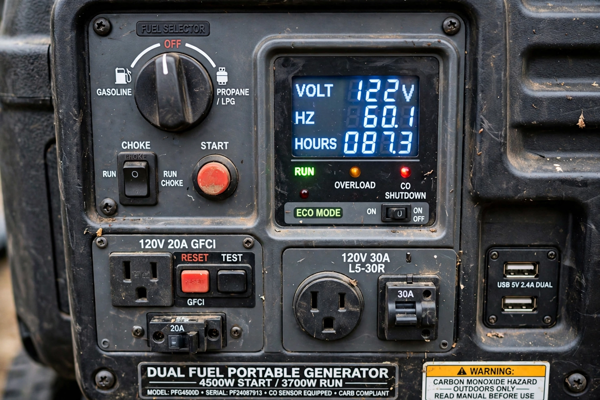 Realistic photo of a dual-fuel portable generator control panel with fuel selector dial