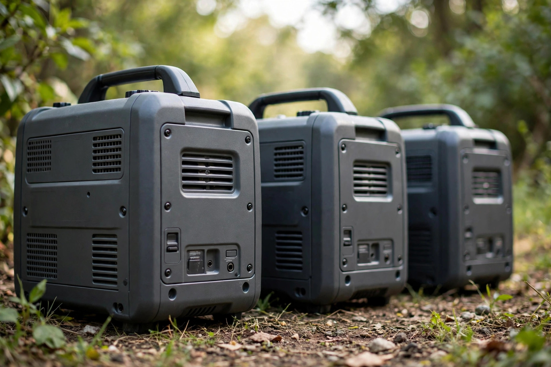 Low-angle close-up of portable generators in a comparison lineup.