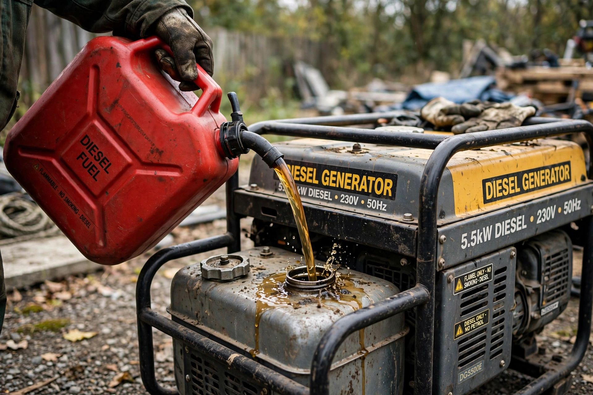 Realistic photo of diesel fuel being poured into a generator tank with a fuel can