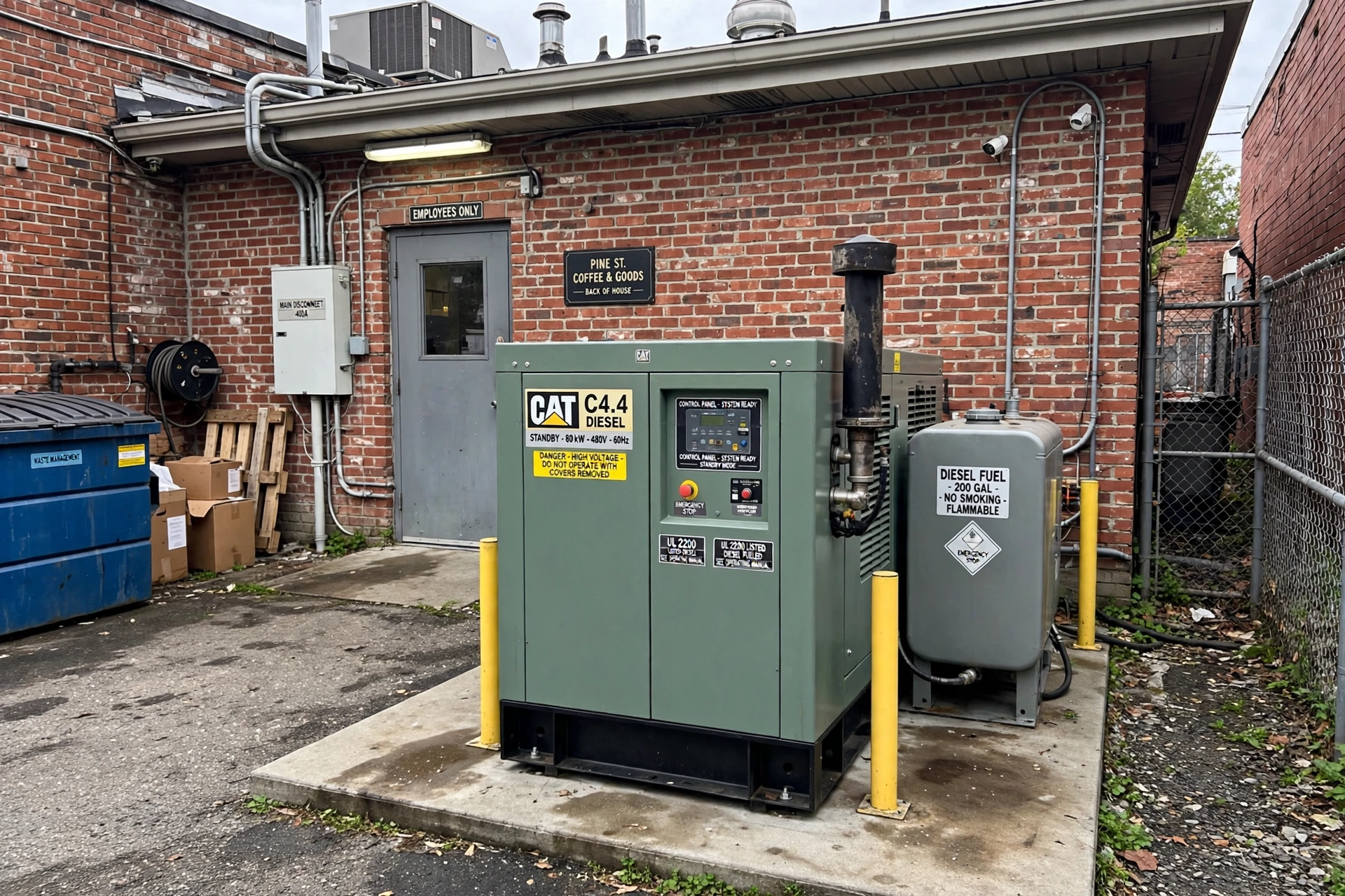 Realistic photo of a commercial diesel standby generator installed behind a small business building