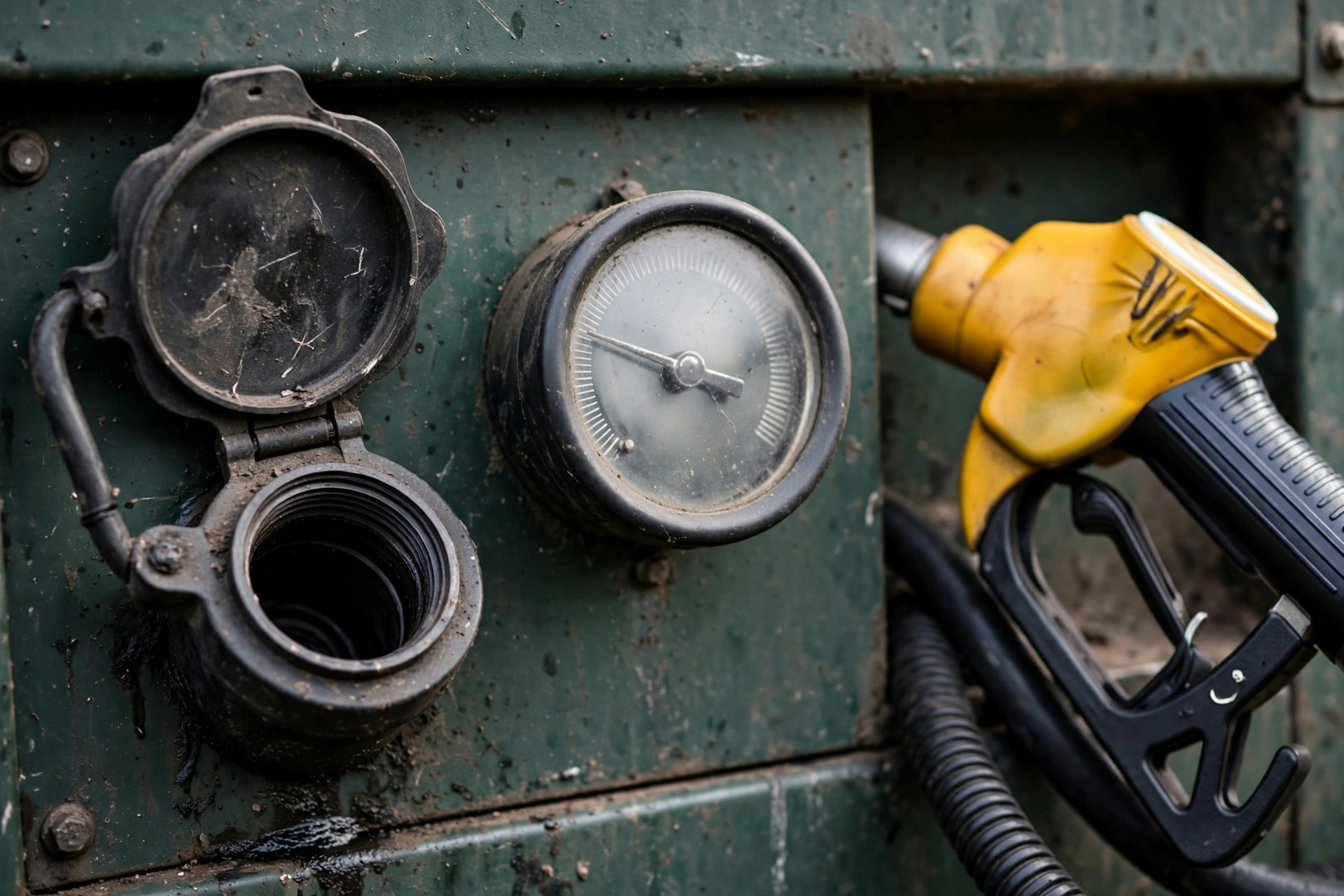 Close-up of diesel generator fuel cap and fuel gauge with diesel nozzle nearby, realistic, no text