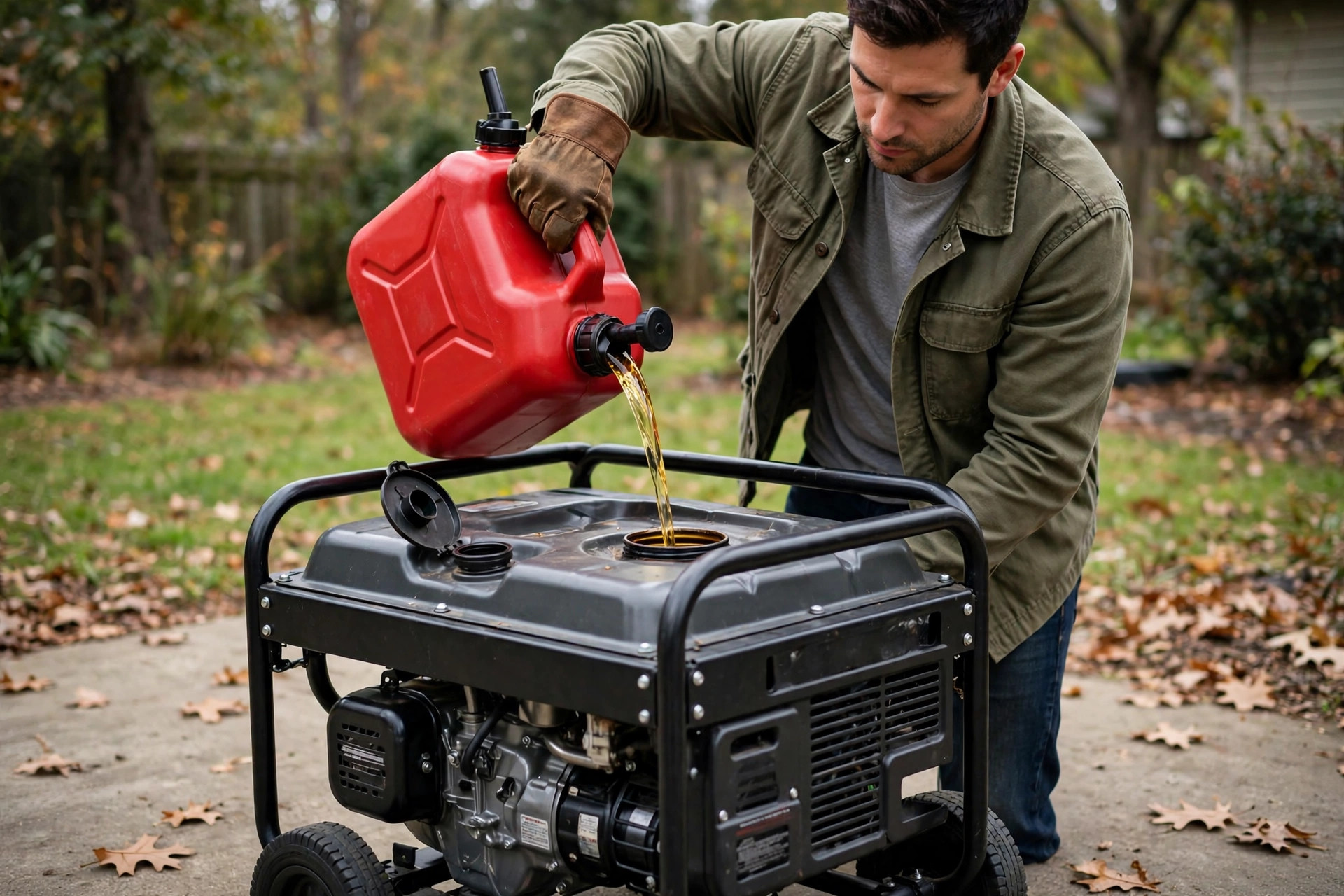 Person pouring gasoline from red fuel can into portable generator tank outdoors, realistic, no text