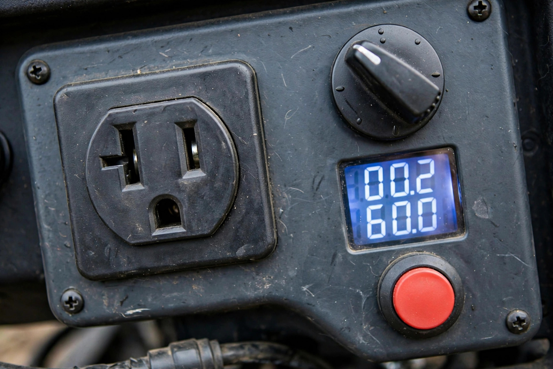 Realistic close-up of a generator control panel with 50-amp outlet, fuel selector dial, digital display and push-button start