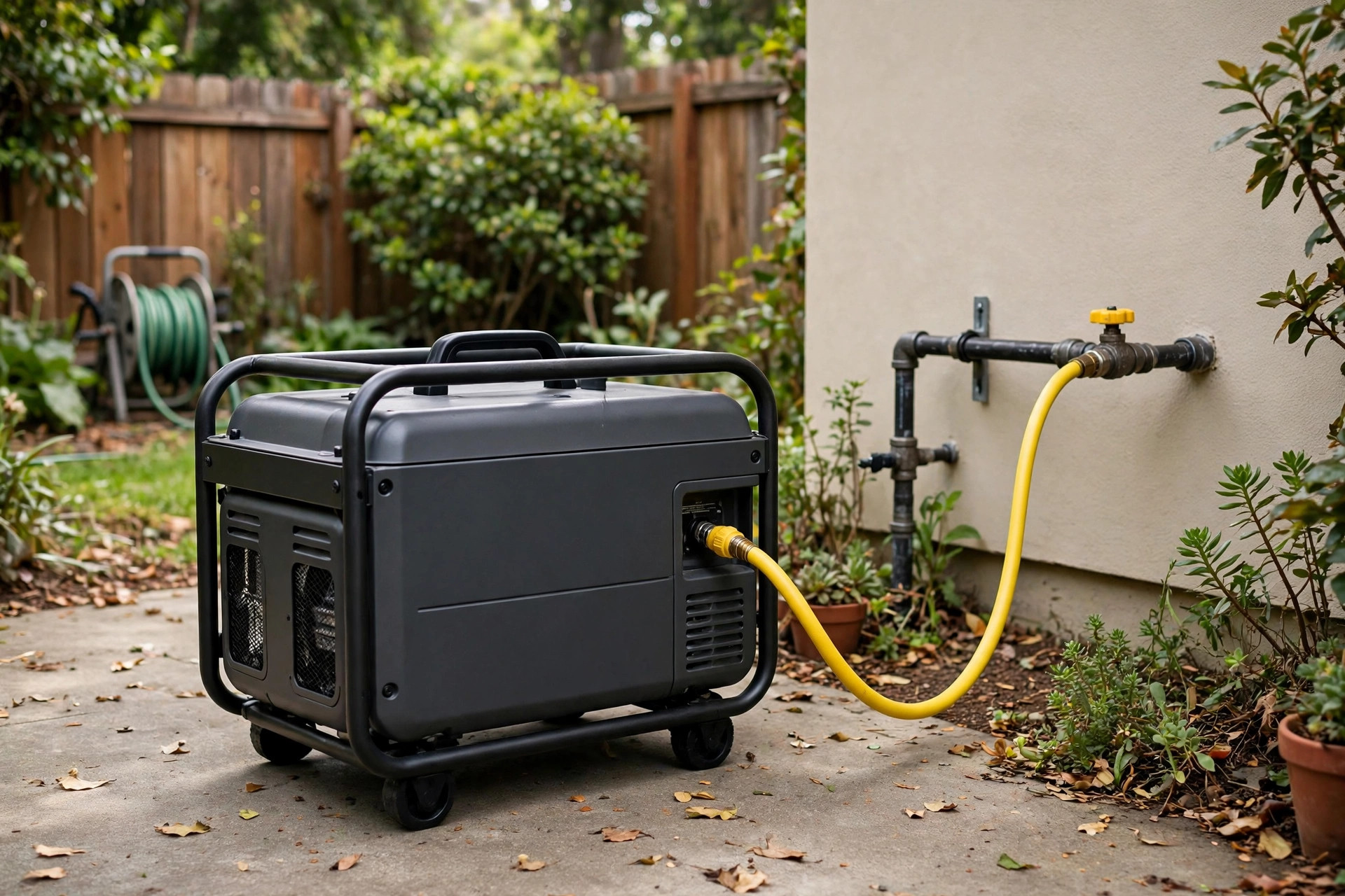 Realistic photo of a portable generator connected to a home natural gas line with yellow quick-connect hose, backyard setting