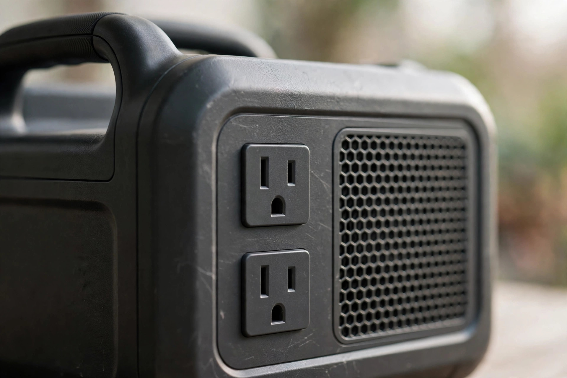 Close-up of power station outlets, vents and handle.