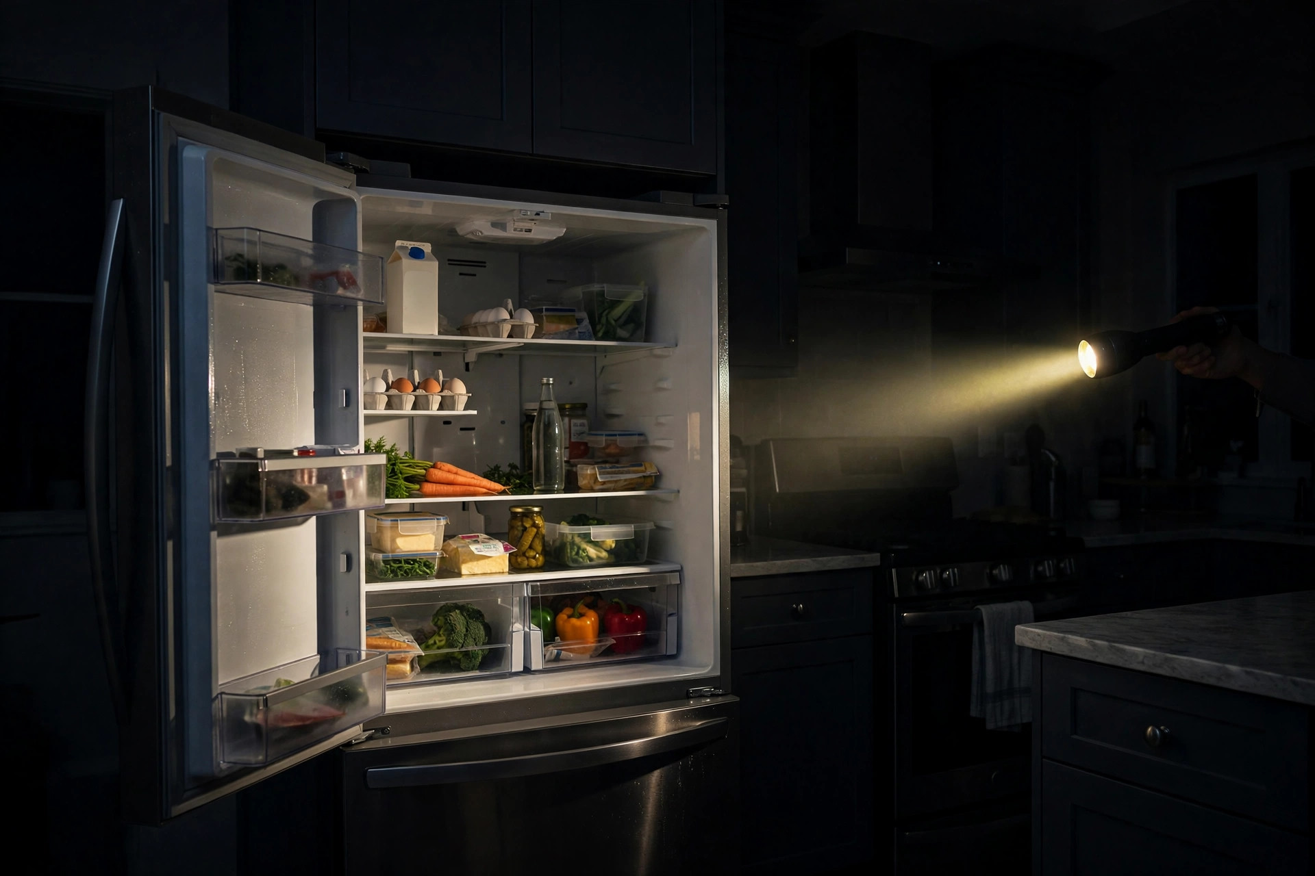 Refrigerator in kitchen during power outage lit by flashlight, realistic, no text