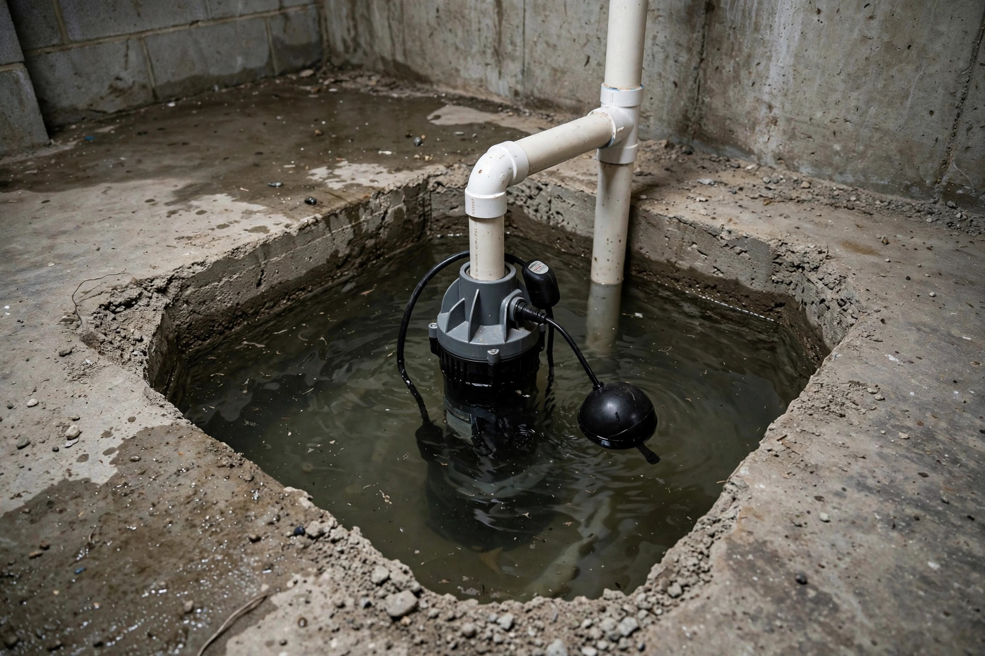 Sump pump in basement pit with water, realistic, no text