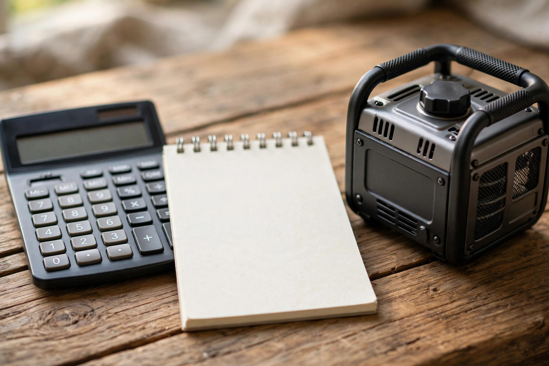 Calculator and notepad calculating gas versus solar generator cost per kWh.