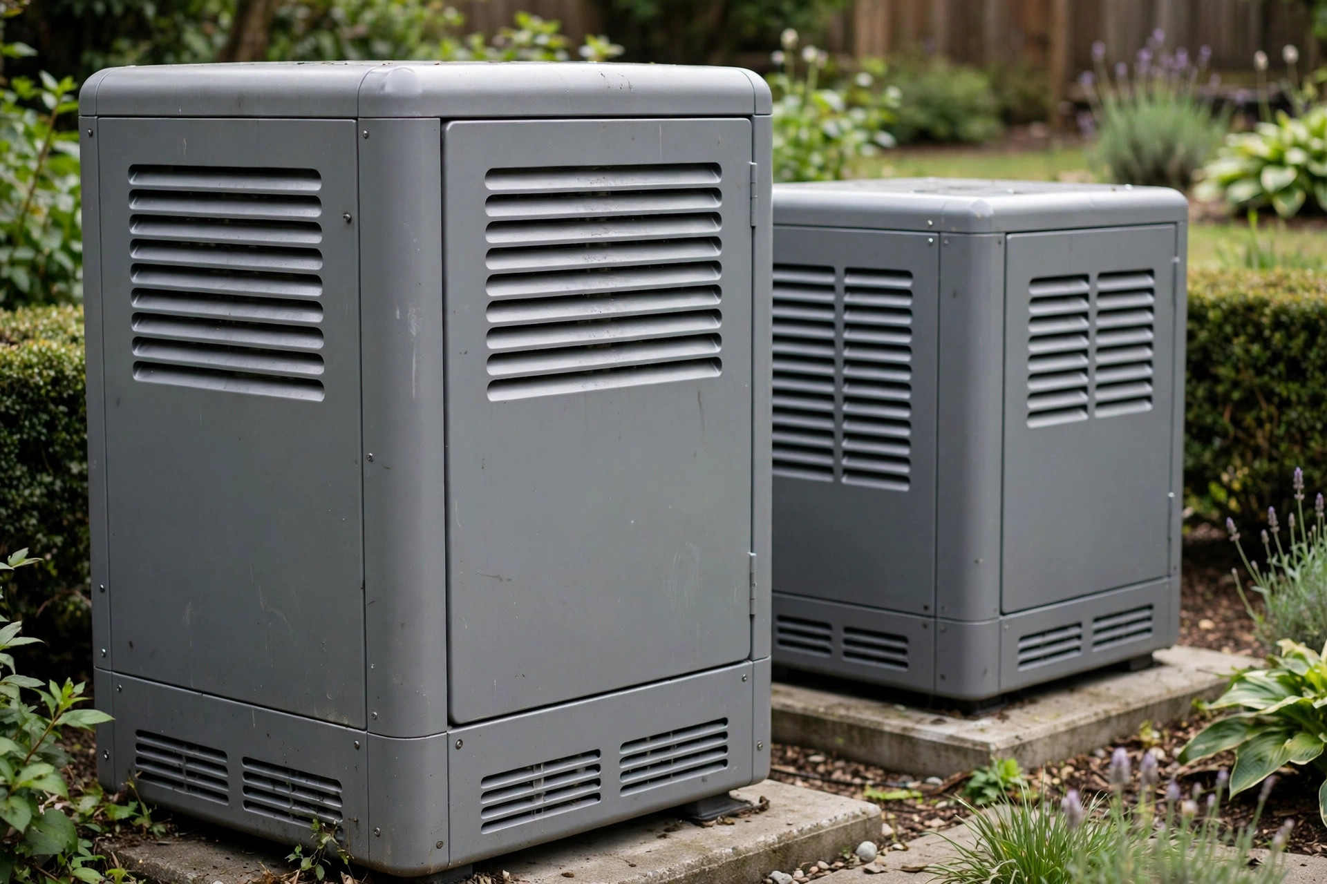 Close-up comparison of two standby generator enclosures side by side.