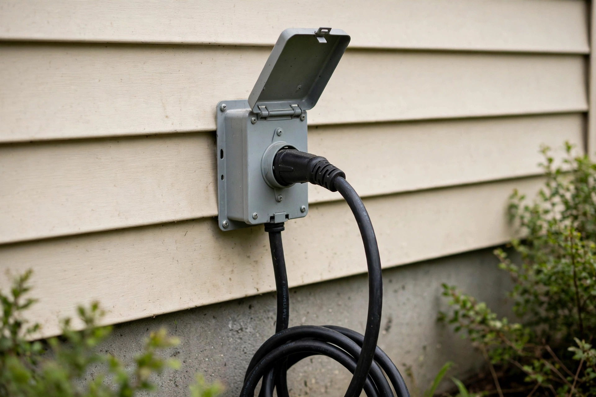 Generator power cord plugged into exterior inlet box on house wall, realistic, no text