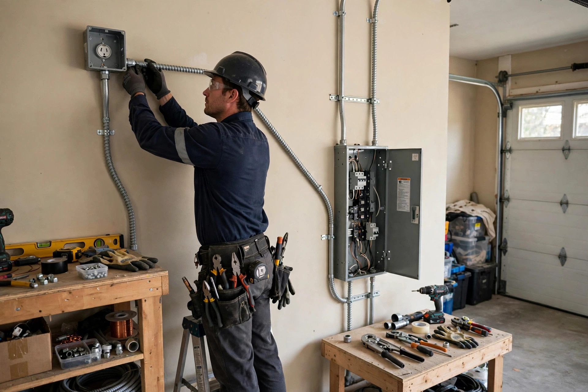Electrician running conduit from inlet box to electrical panel inside garage, realistic, no text