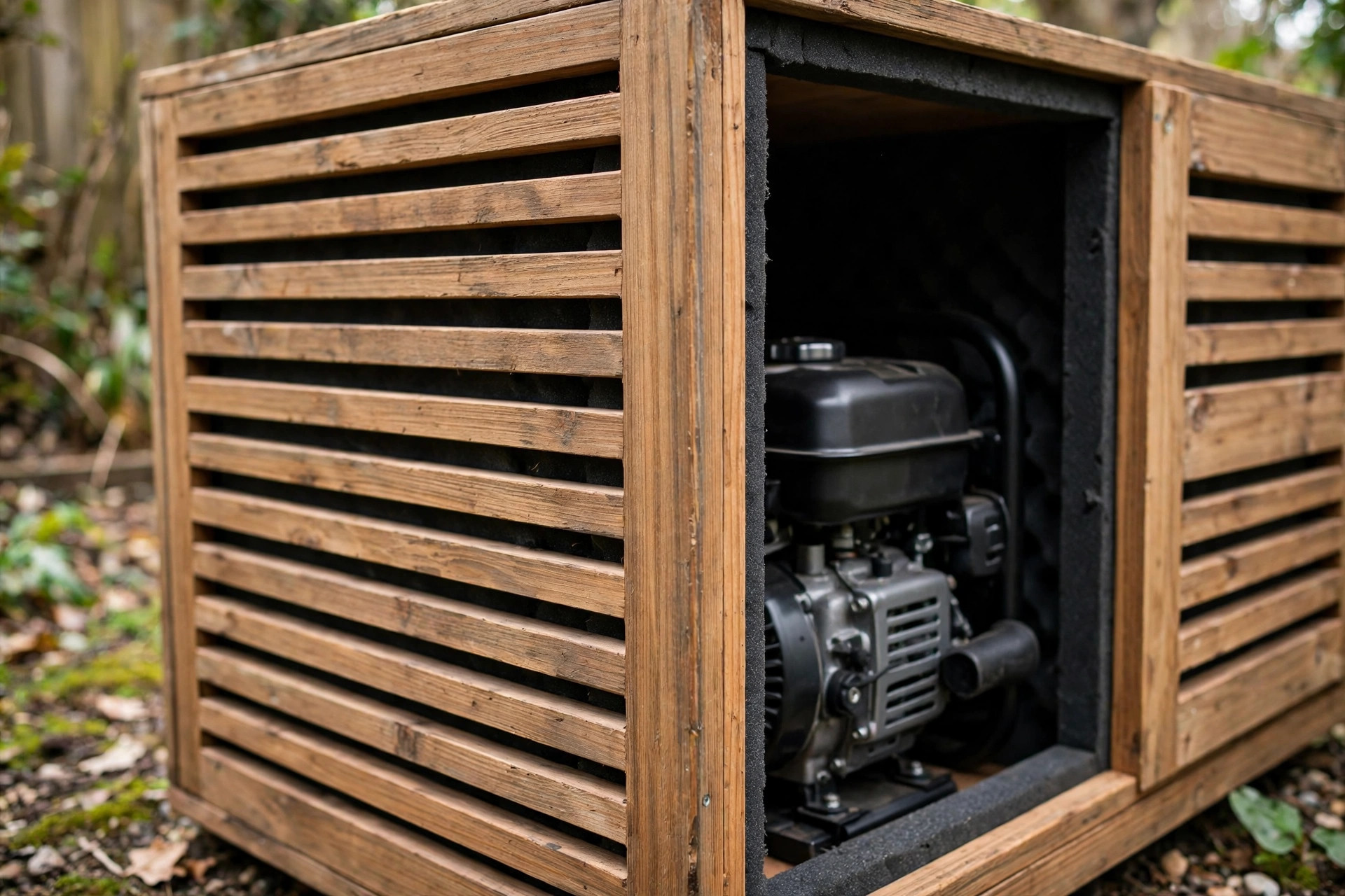 Sound-dampening enclosure around a generator for residential noise compliance.