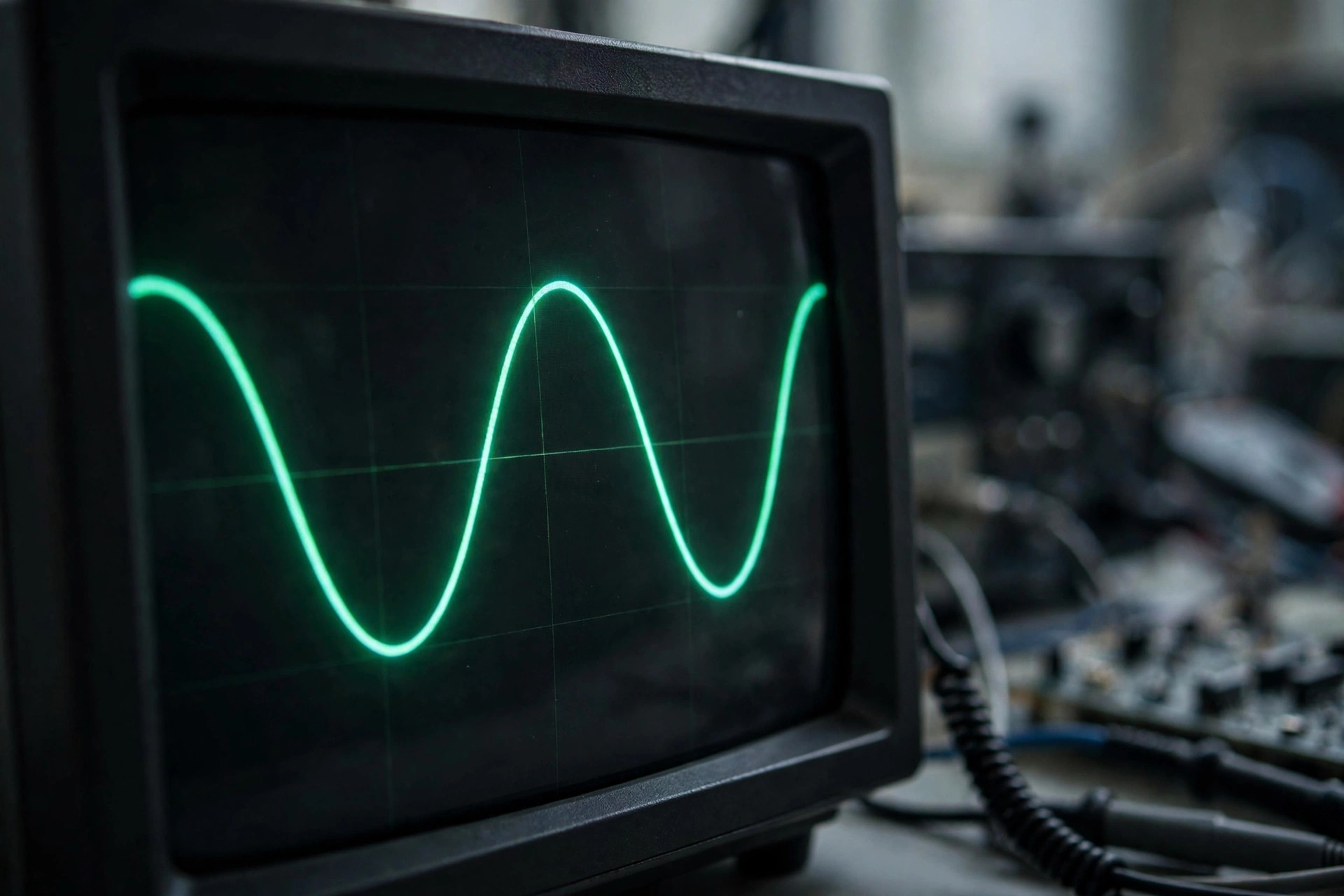 Oscilloscope showing a clean sine wave explaining generator THD quality.