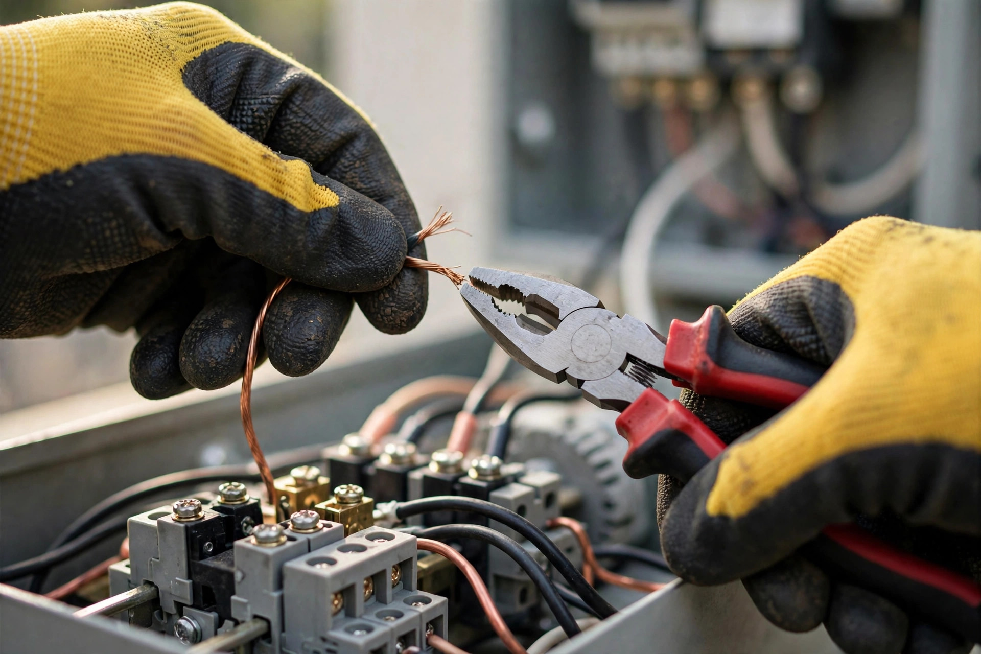 Close-up of hands wiring a transfer switch for generator installation.