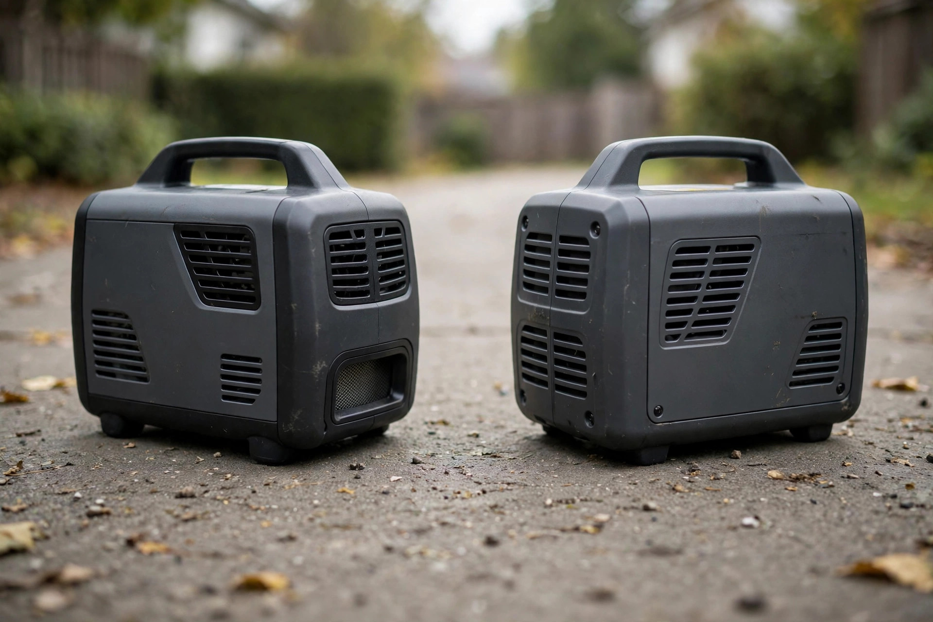 Low-angle close-up of two inverter generators facing each other.