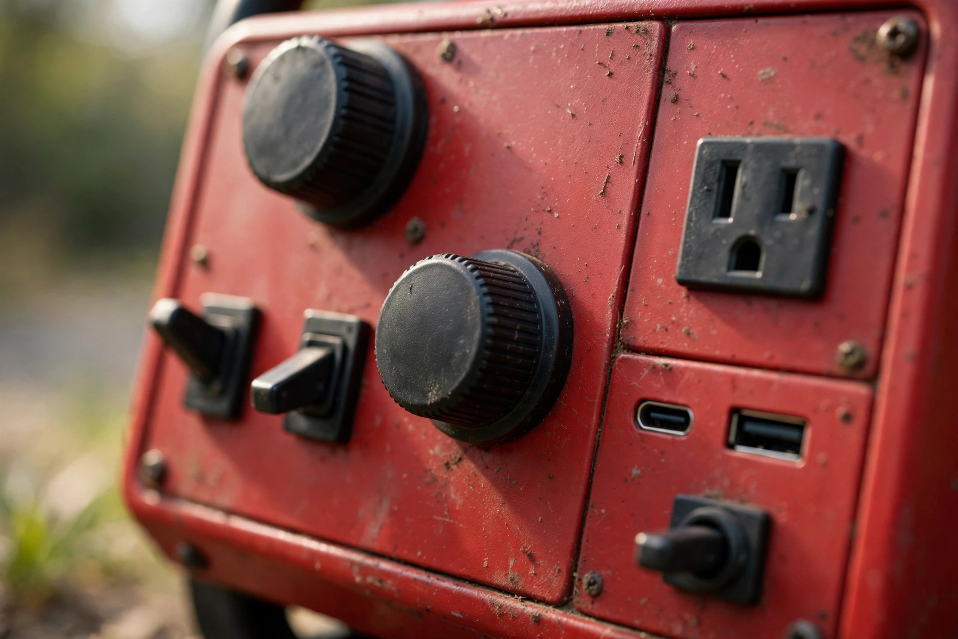 Close-up of an inverter generator control panel with outlets.