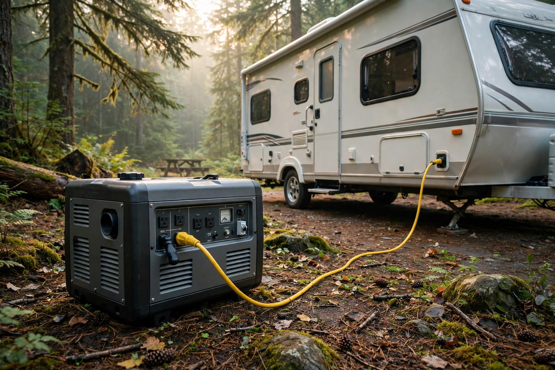 Realistic photo of an inverter generator powering an RV at a forested campsite, morning light, no text in image