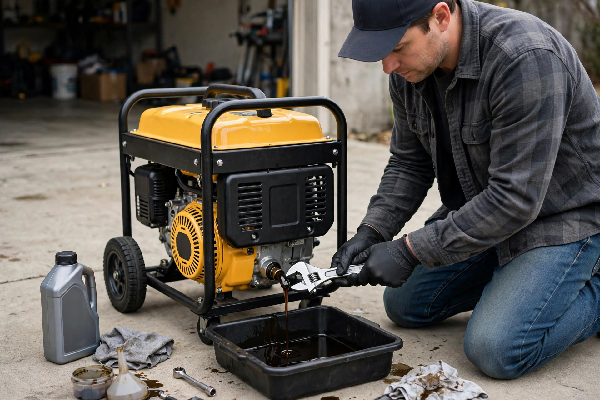 Person changing oil on a portable generator with drain pan, realistic, no text