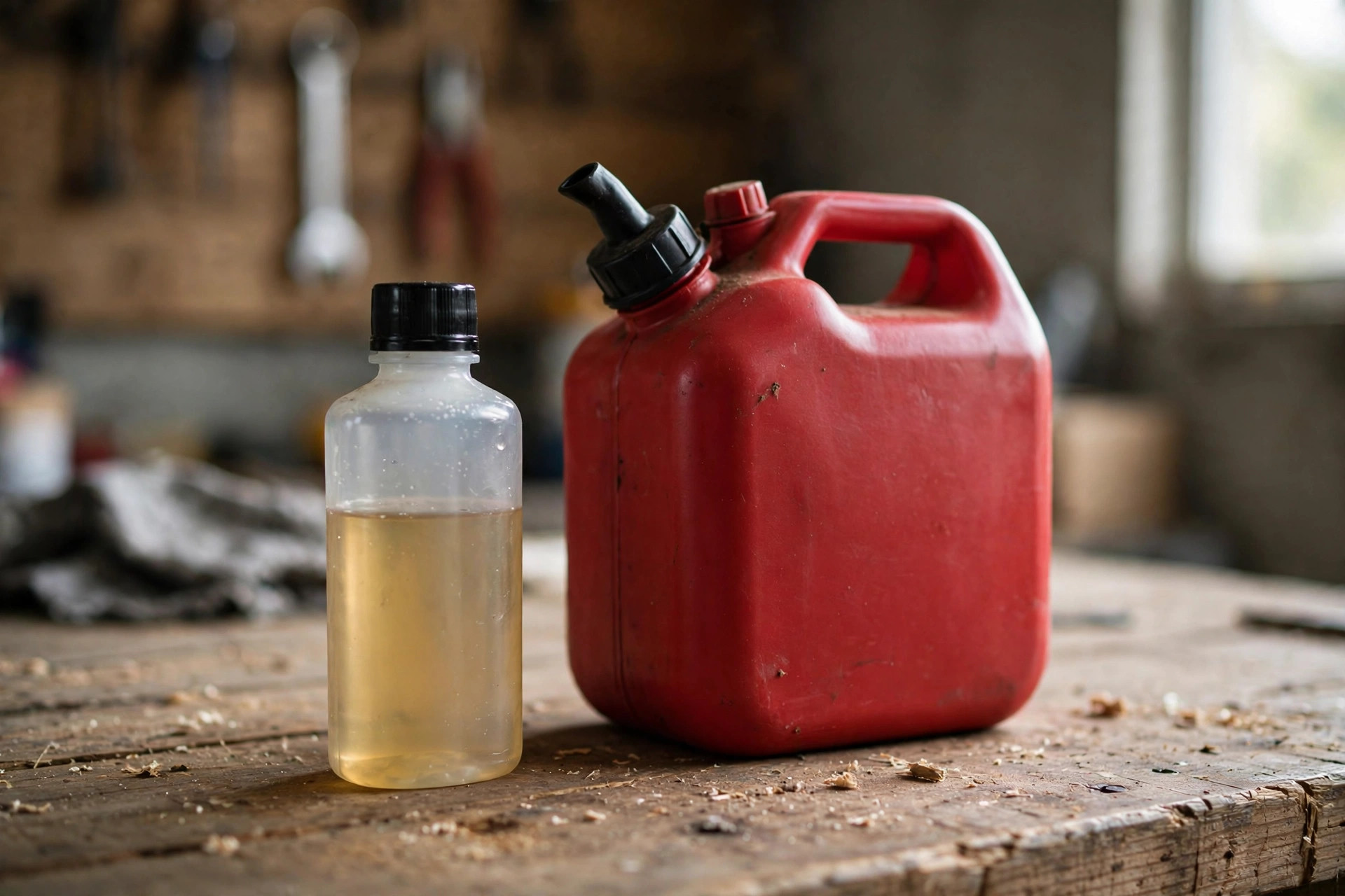 Fuel stabilizer bottle next to a red gasoline can on a workbench.
