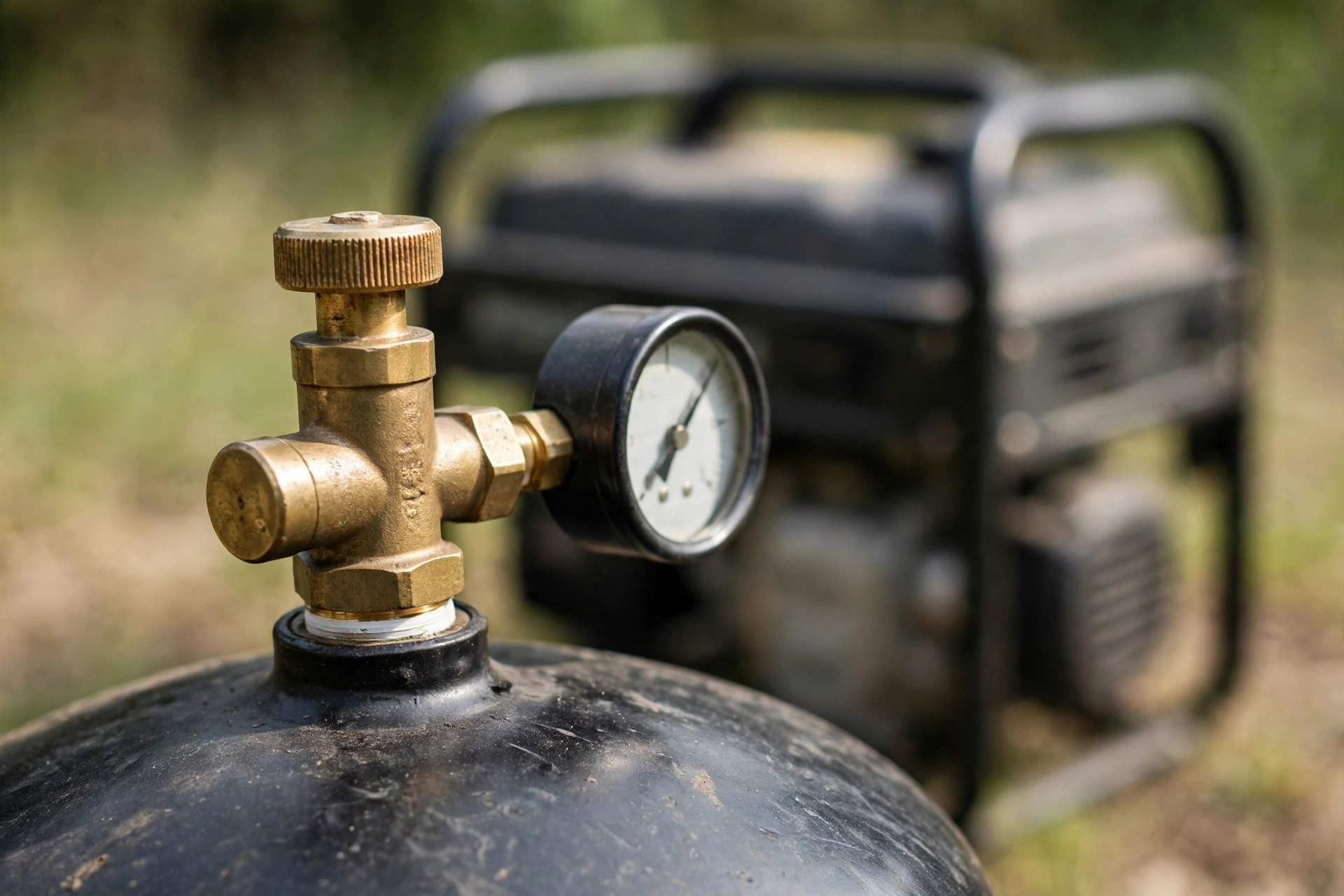 Close-up of a propane tank valve and gauge near a generator.