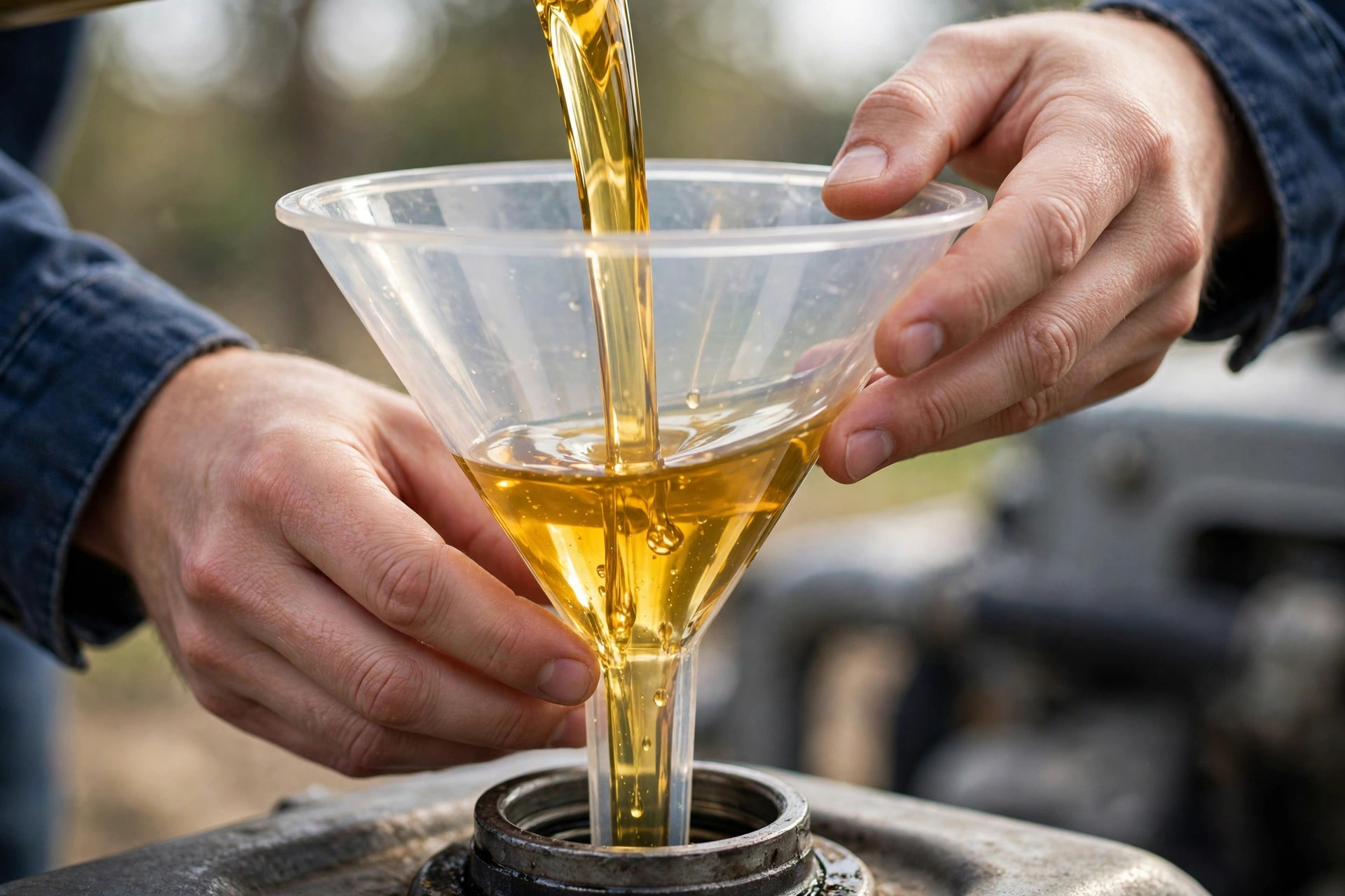 Hands pouring engine oil through a funnel into a new generator.