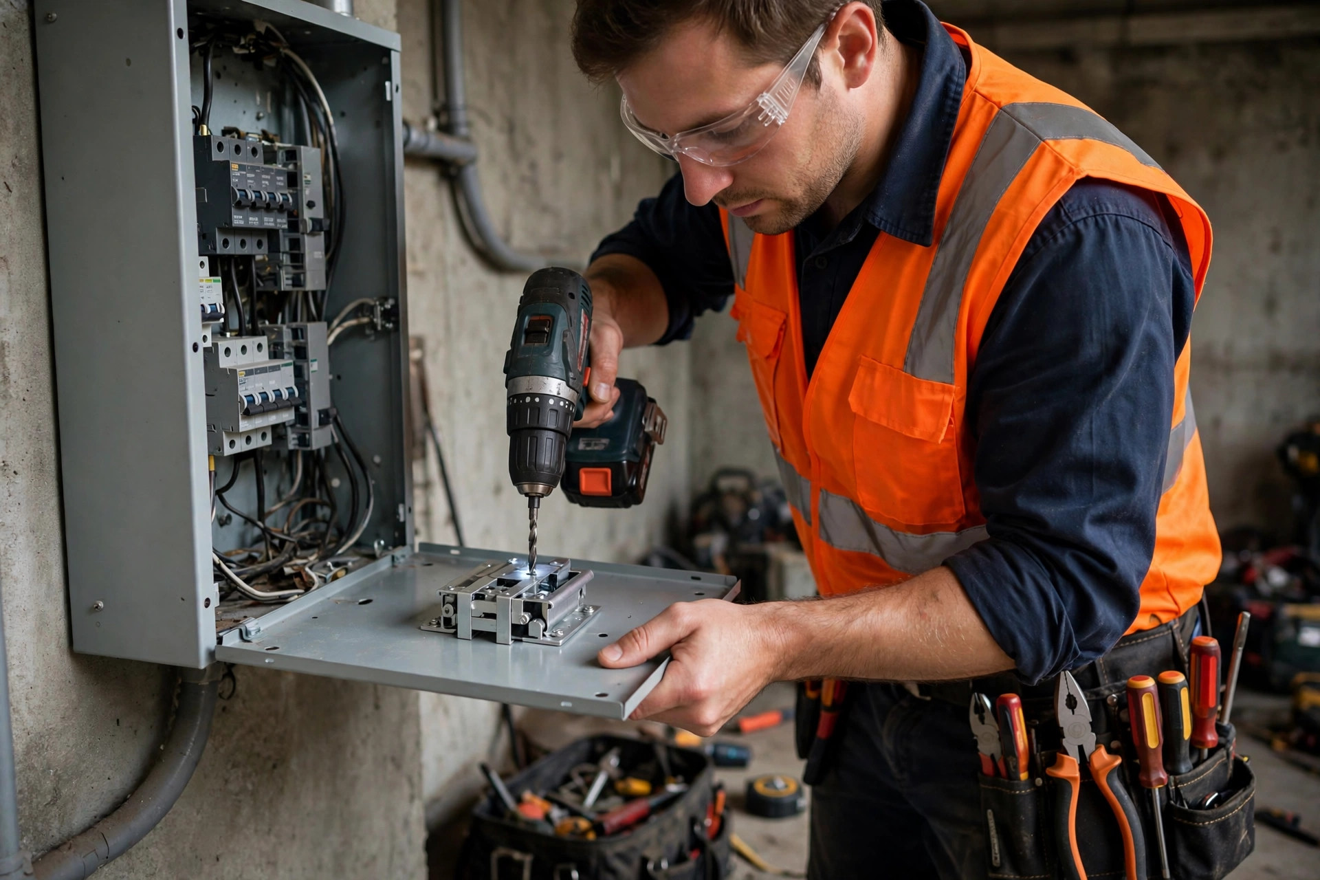 Electrician drilling panel cover to mount interlock kit, wearing safety glasses, realistic, no text