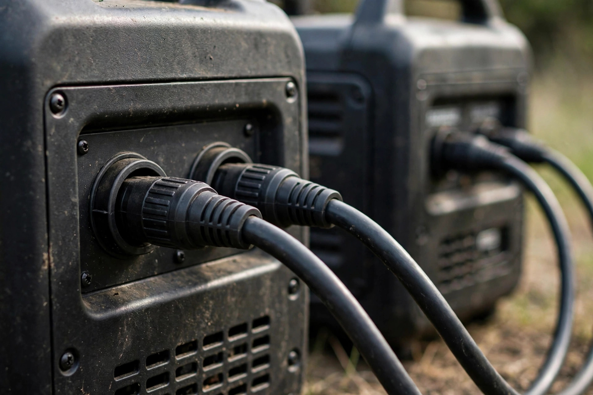 Close-up of parallel ports and cables on two linked inverter generators.