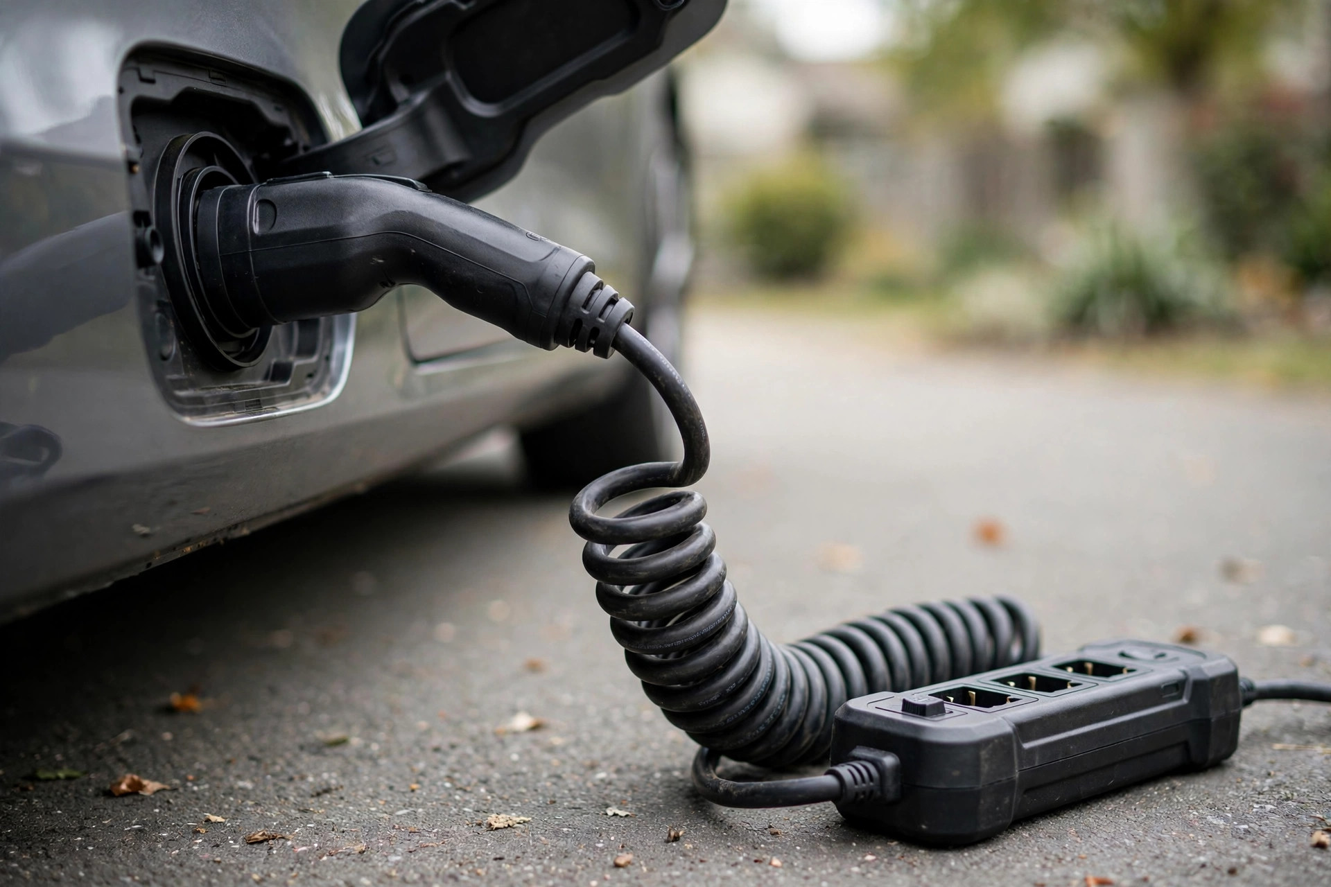 Close-up of a vehicle-to-load adapter plugged into an EV.