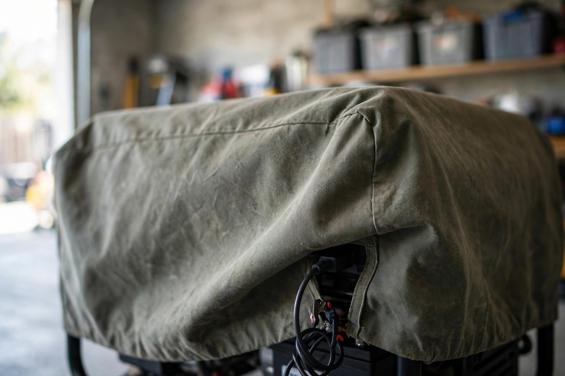 Covered generator with a battery tender charger attached in a garage.