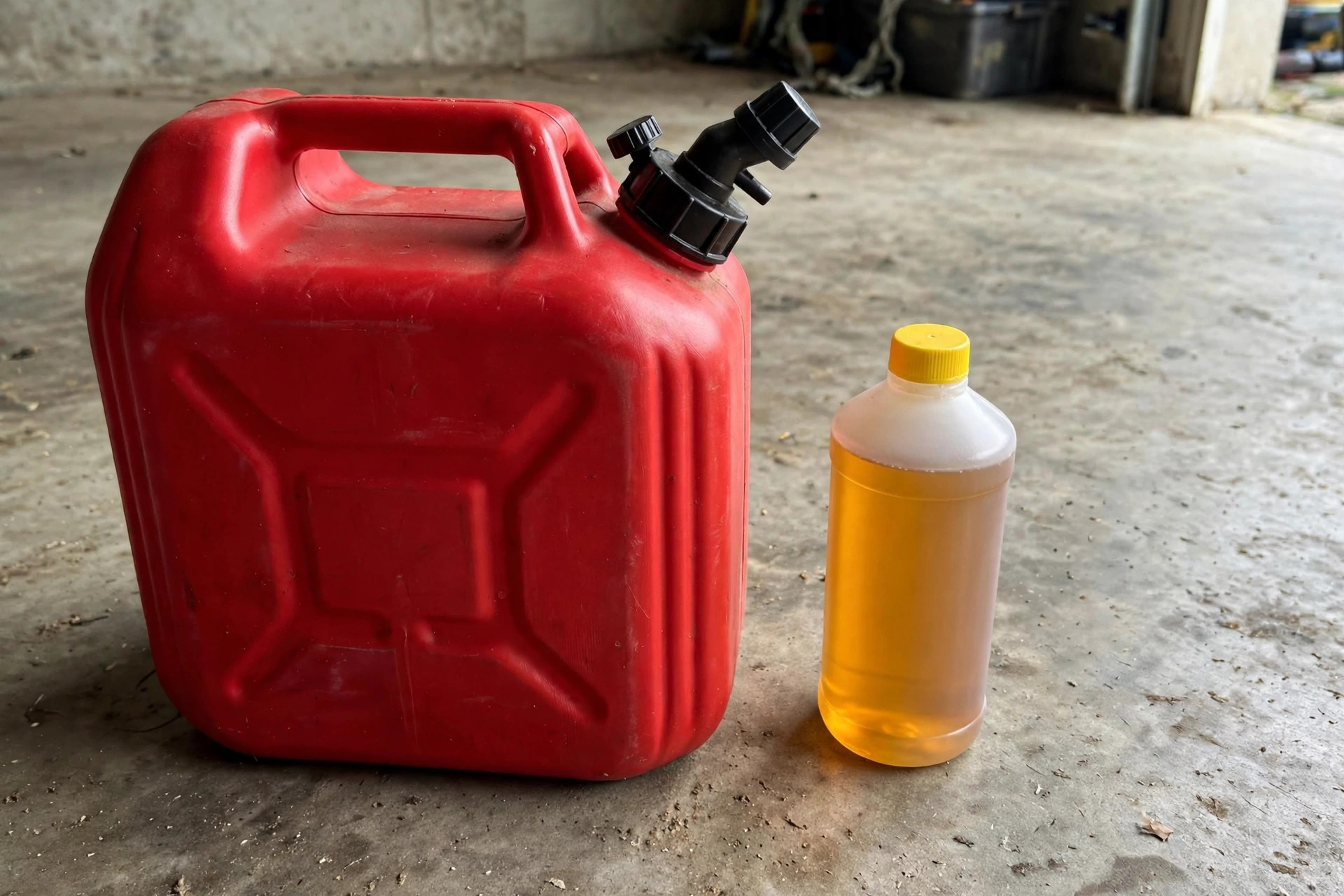 Red 5-gallon gasoline can with fuel stabilizer bottle beside it on garage floor, realistic, no text