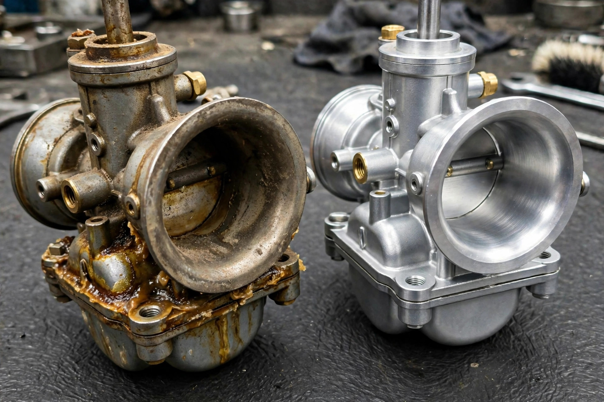 Close-up of generator carburetor with visible varnish buildup vs clean carburetor comparison, realistic, no text