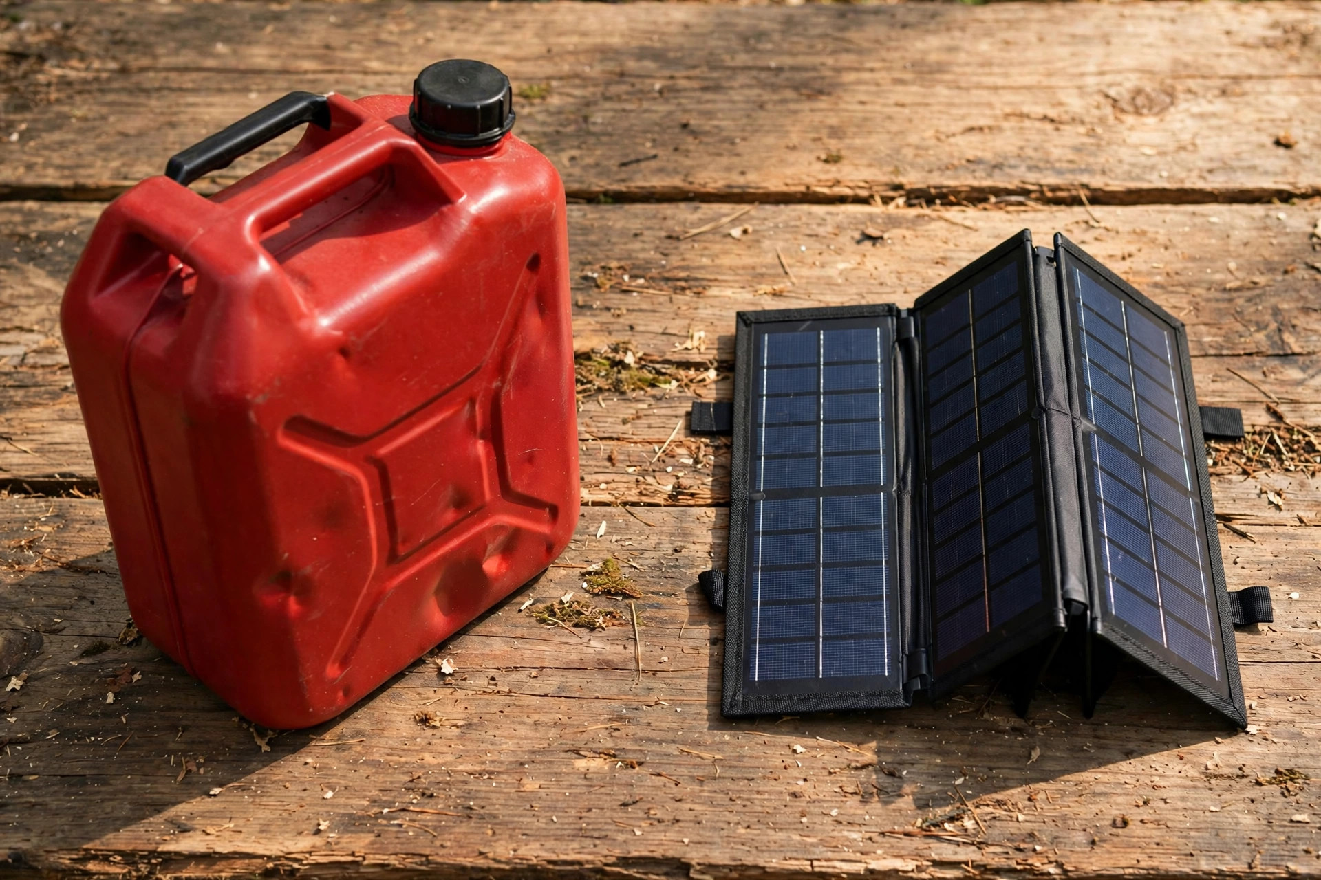 Fuel can beside a solar panel comparing gas and solar power options.