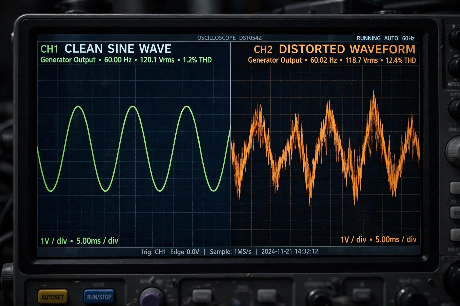 Realistic close-up photo of a generator's clean sine wave power display versus a distorted waveform on an oscilloscope screen