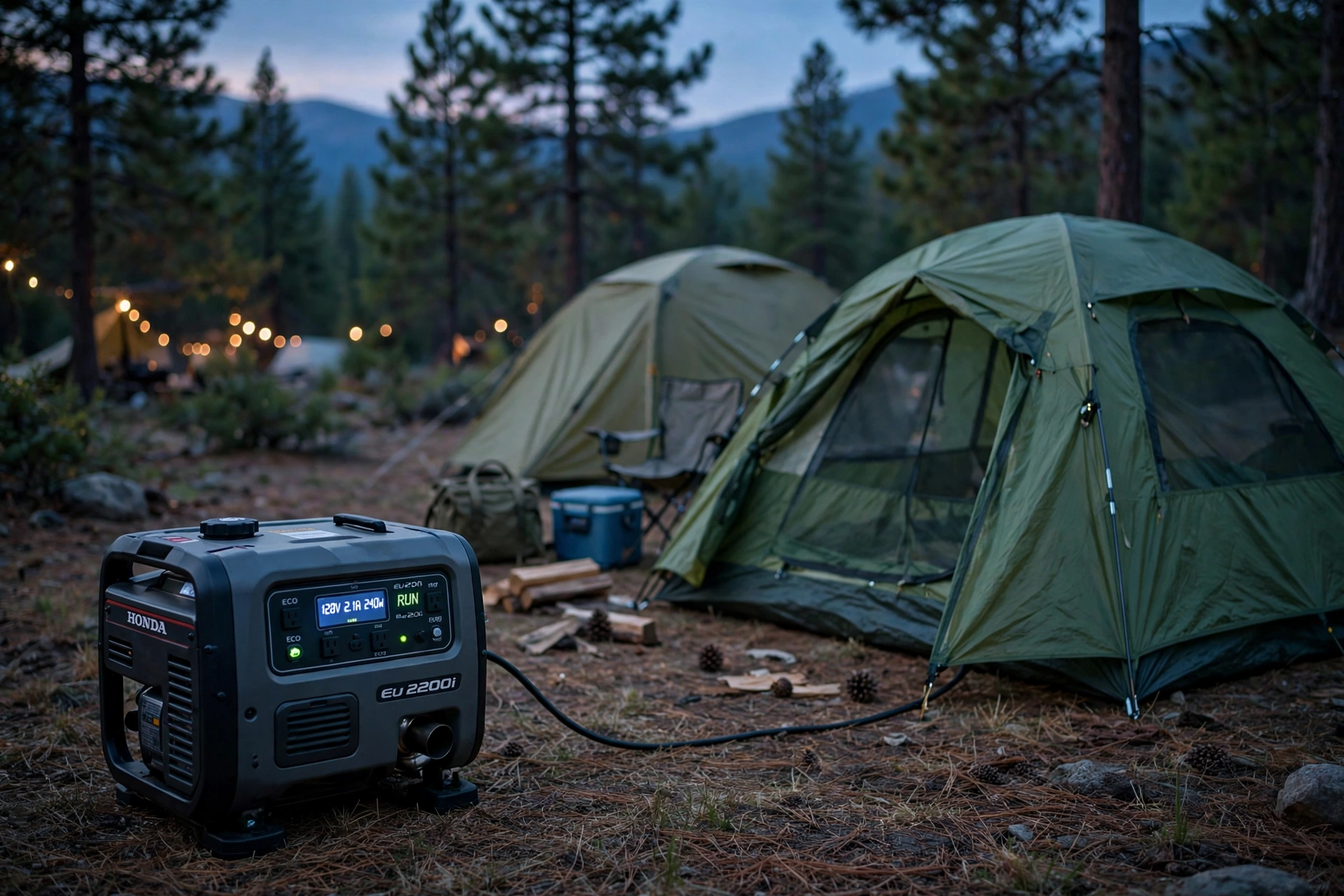 Realistic photo of a quiet inverter generator running at a campsite next to tents at dusk