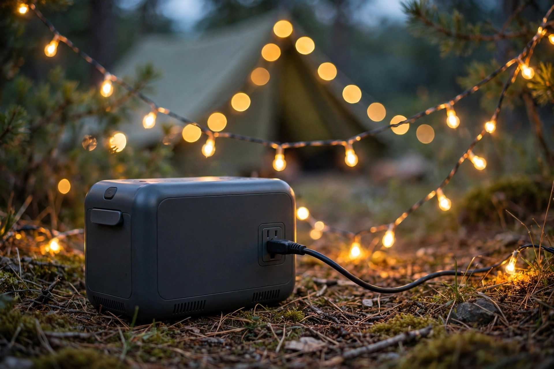 Power station lighting string lights at a dusk campsite.