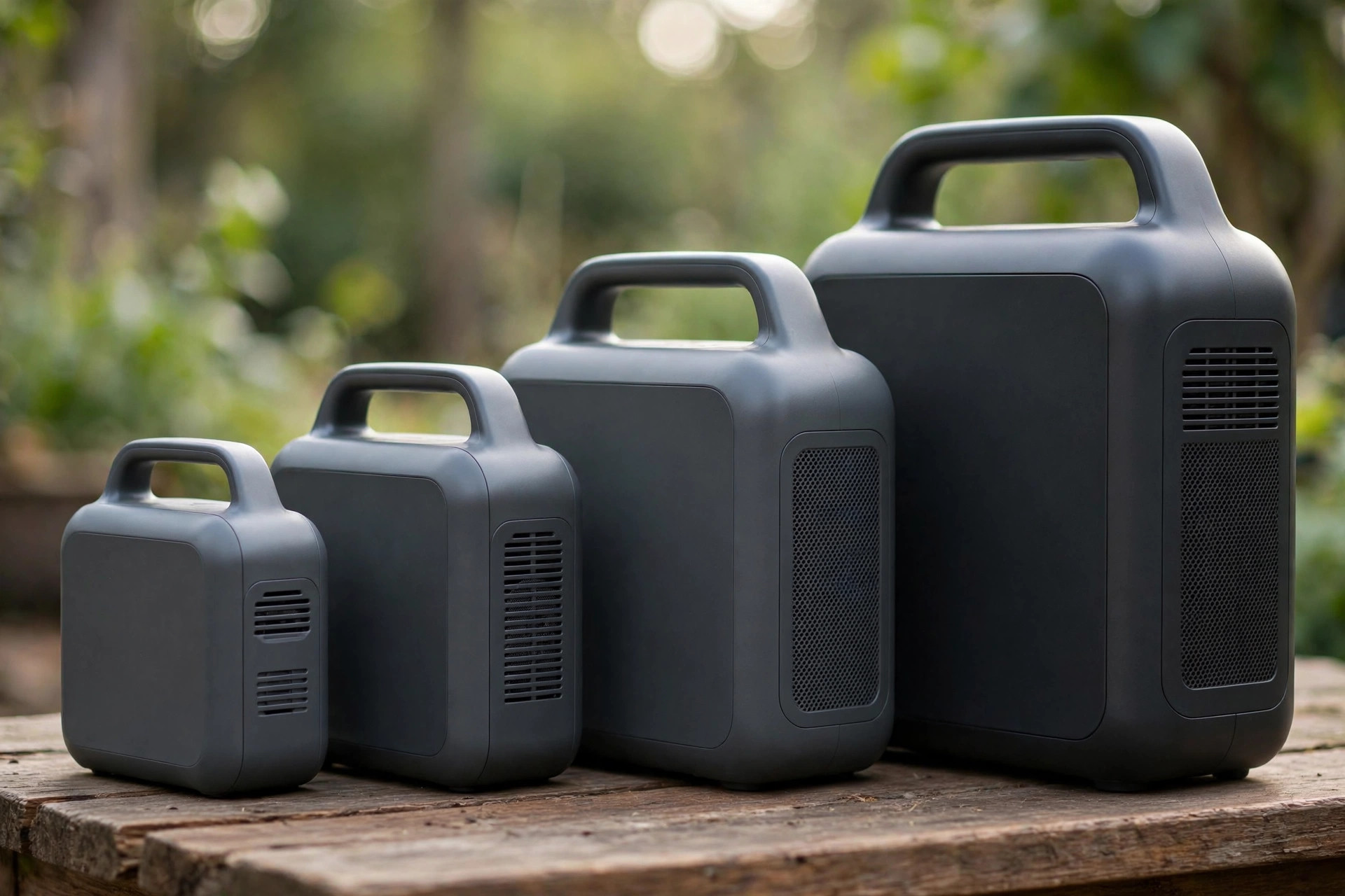 Close-up row of portable power stations in different sizes.