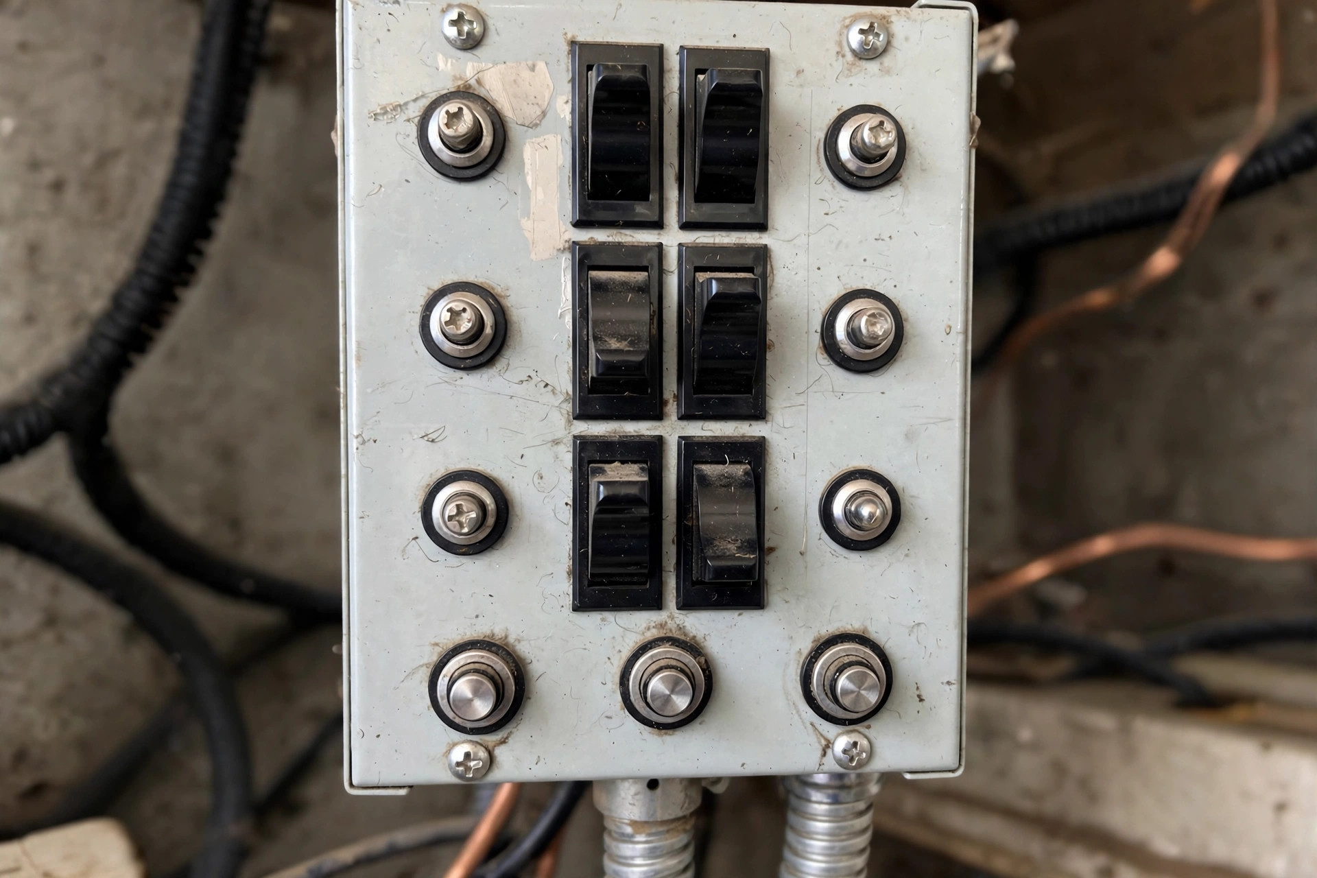 Close-up of manual transfer switch with toggle switches labeled LINE and GEN, realistic, no text