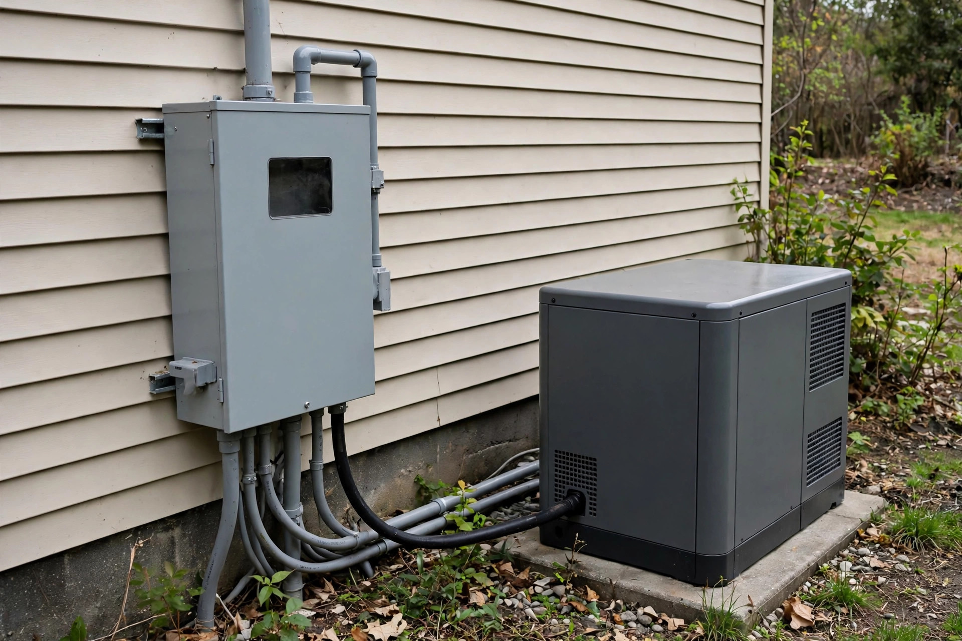 Automatic transfer switch unit mounted on wall next to standby generator, realistic, no text