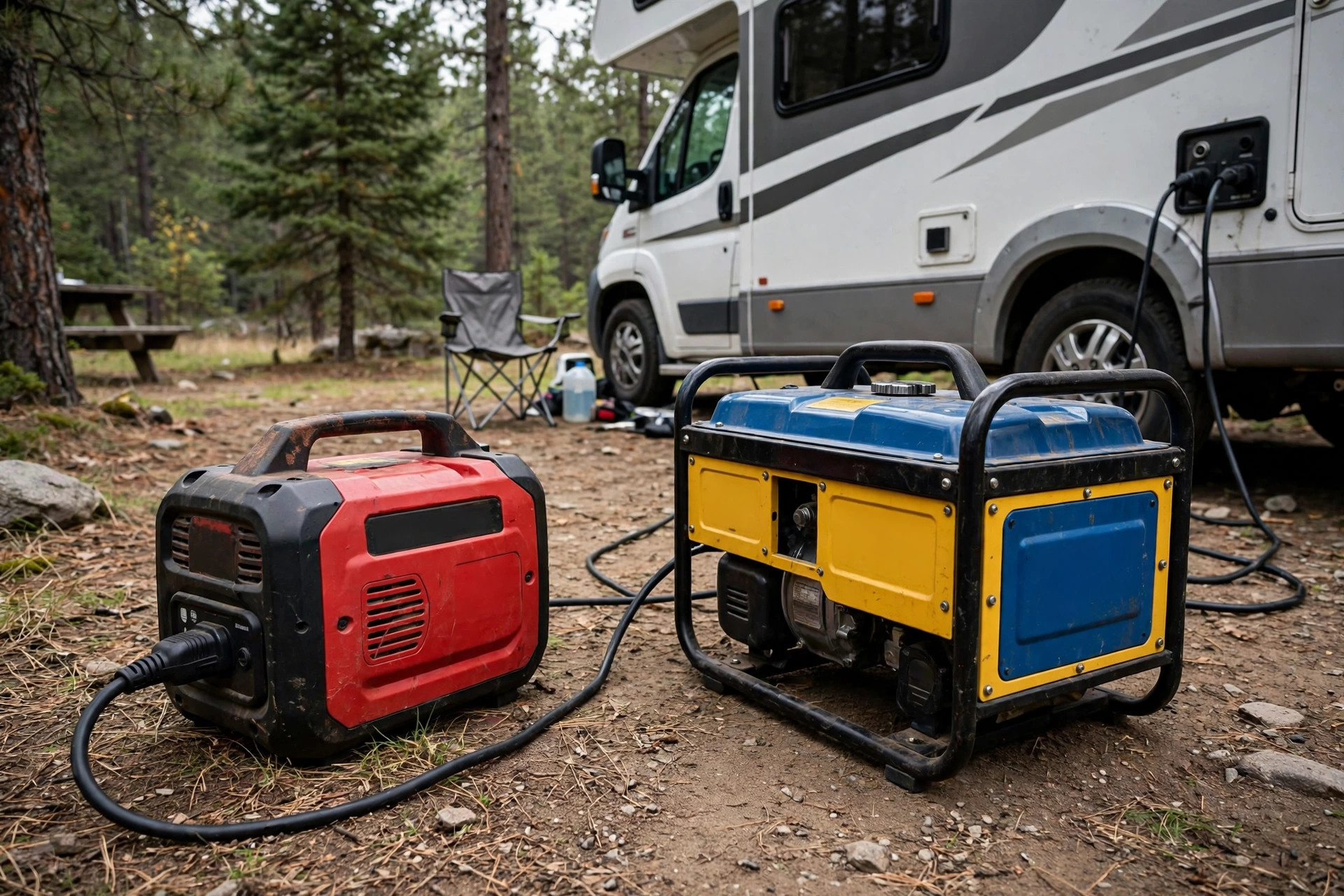 Realistic photo of a mismatched pair of portable generators powering an RV at a campsite