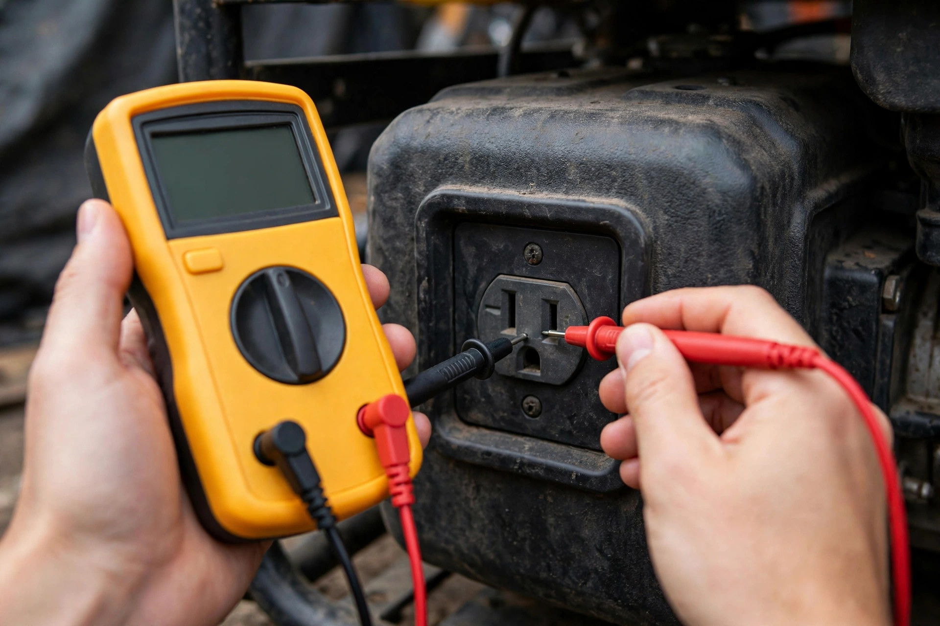 Realistic photo of a multimeter testing continuity on a generator outlet
