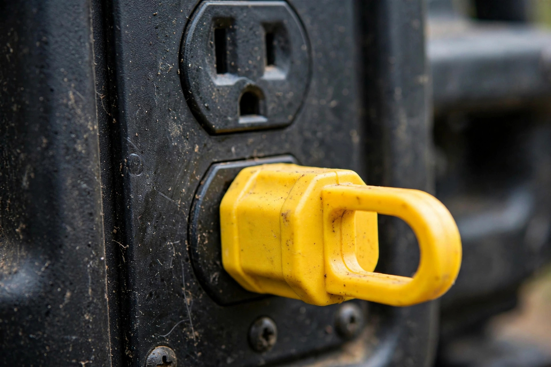 Realistic close-up of a labeled bonding plug inserted into a generator 120V outlet