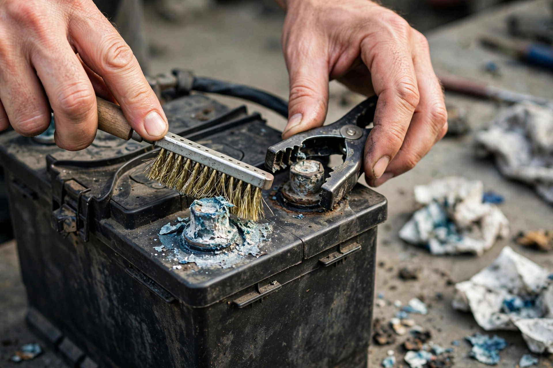 Realistic photo of corroded battery terminals being cleaned with a wire brush