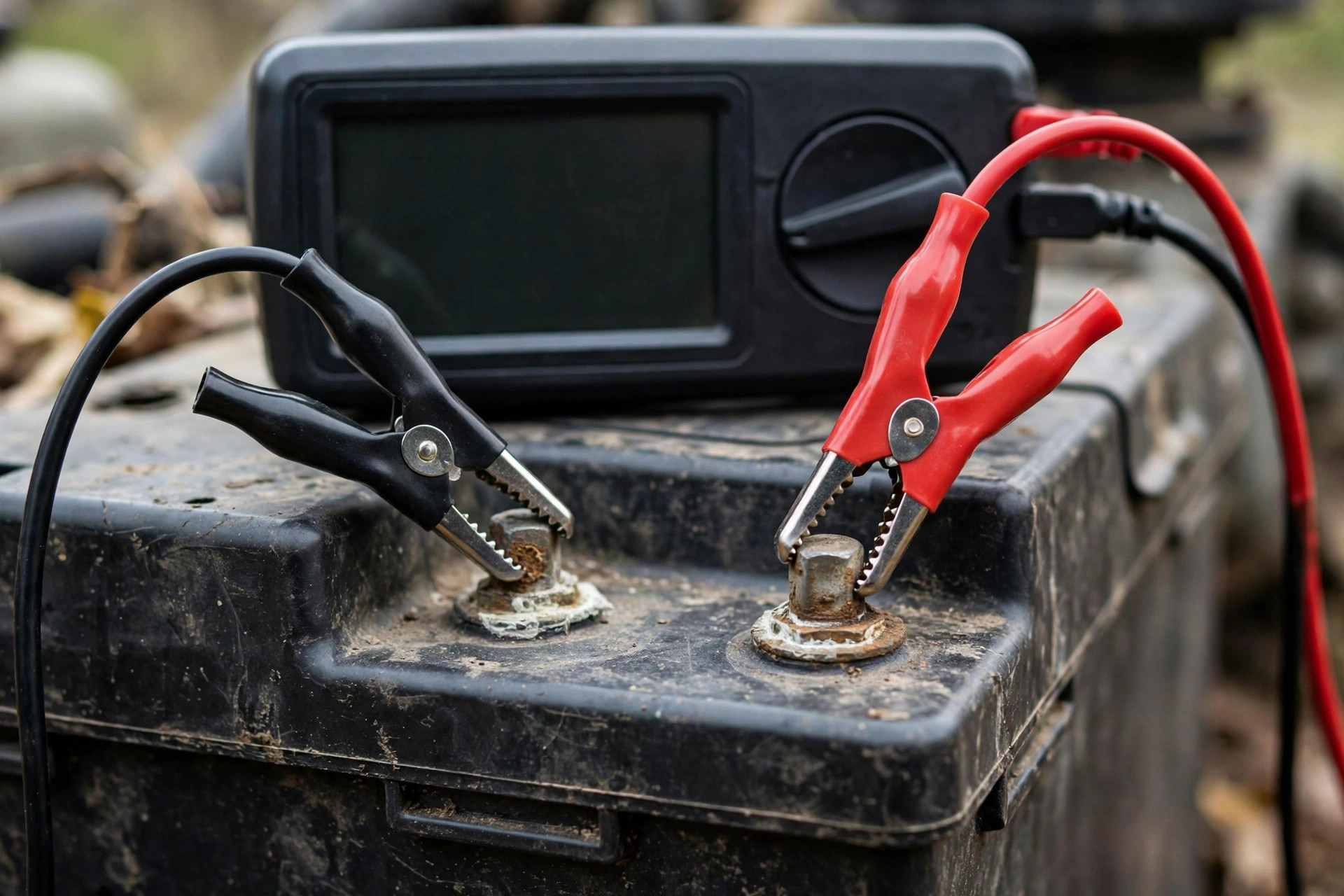 Realistic close-up photo of a multimeter measuring 12.6 volts on a generator battery terminals