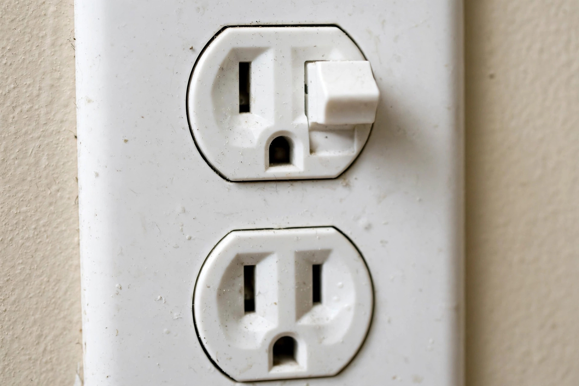 Realistic close-up of a tripped GFCI outlet with the reset button popped out