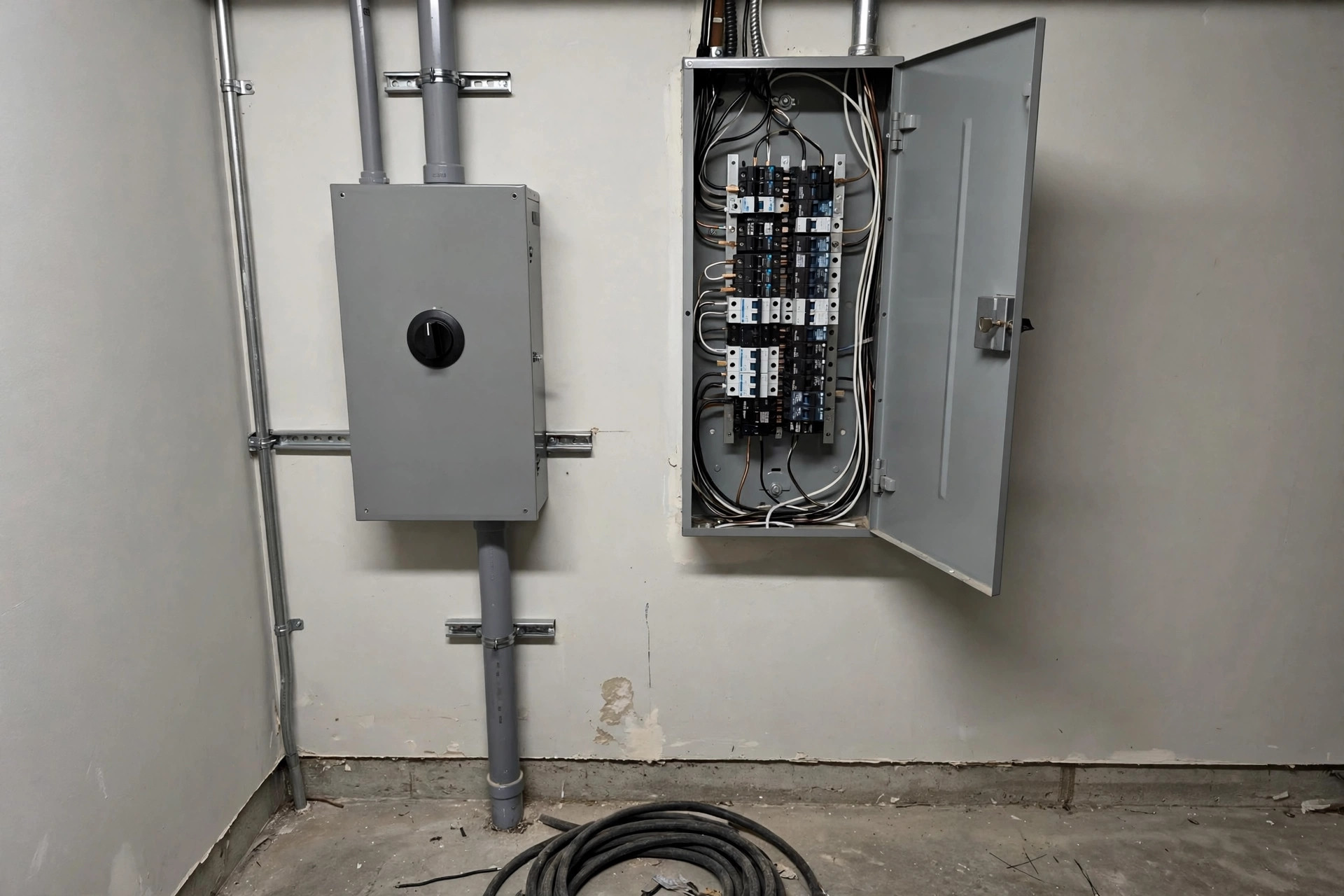 Realistic photo of a transfer switch installation next to a home electrical panel