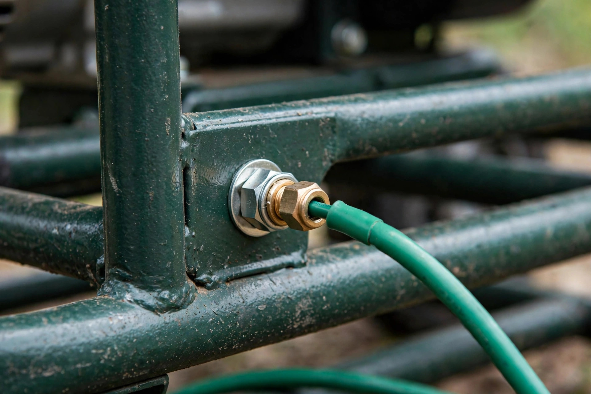 Realistic close-up photo of a grounding lug on a portable generator frame with green ground wire