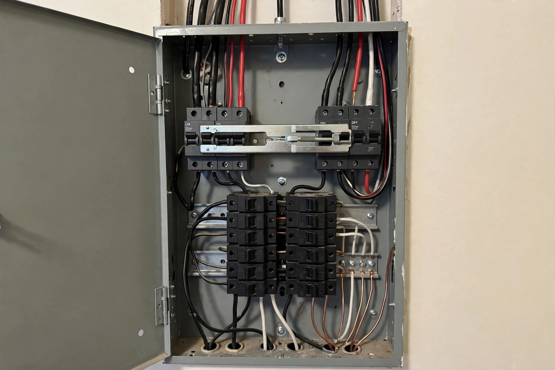 Realistic photo of a home electrical panel with a generator interlock kit installed