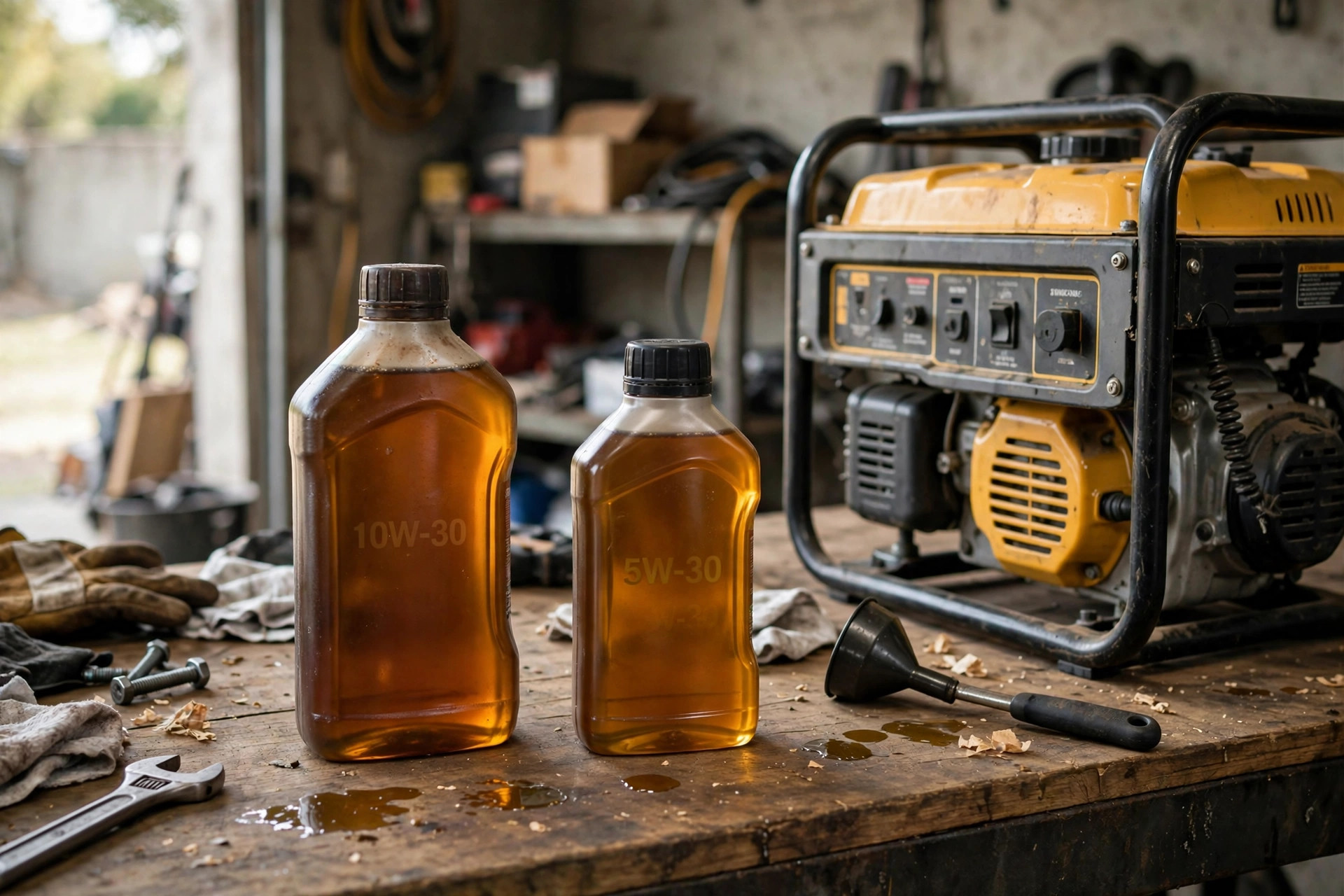Realistic photo of small engine oil bottles 10W-30 and 5W-30 on a workbench next to a generator