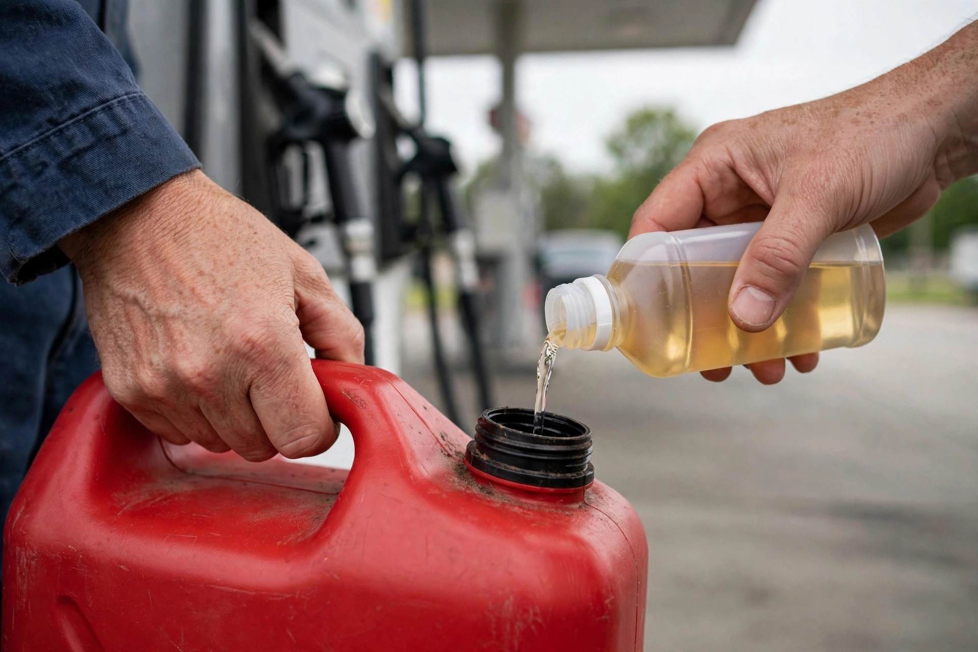 Realistic photo of hands adding fuel stabilizer to a red gas can at a gas station